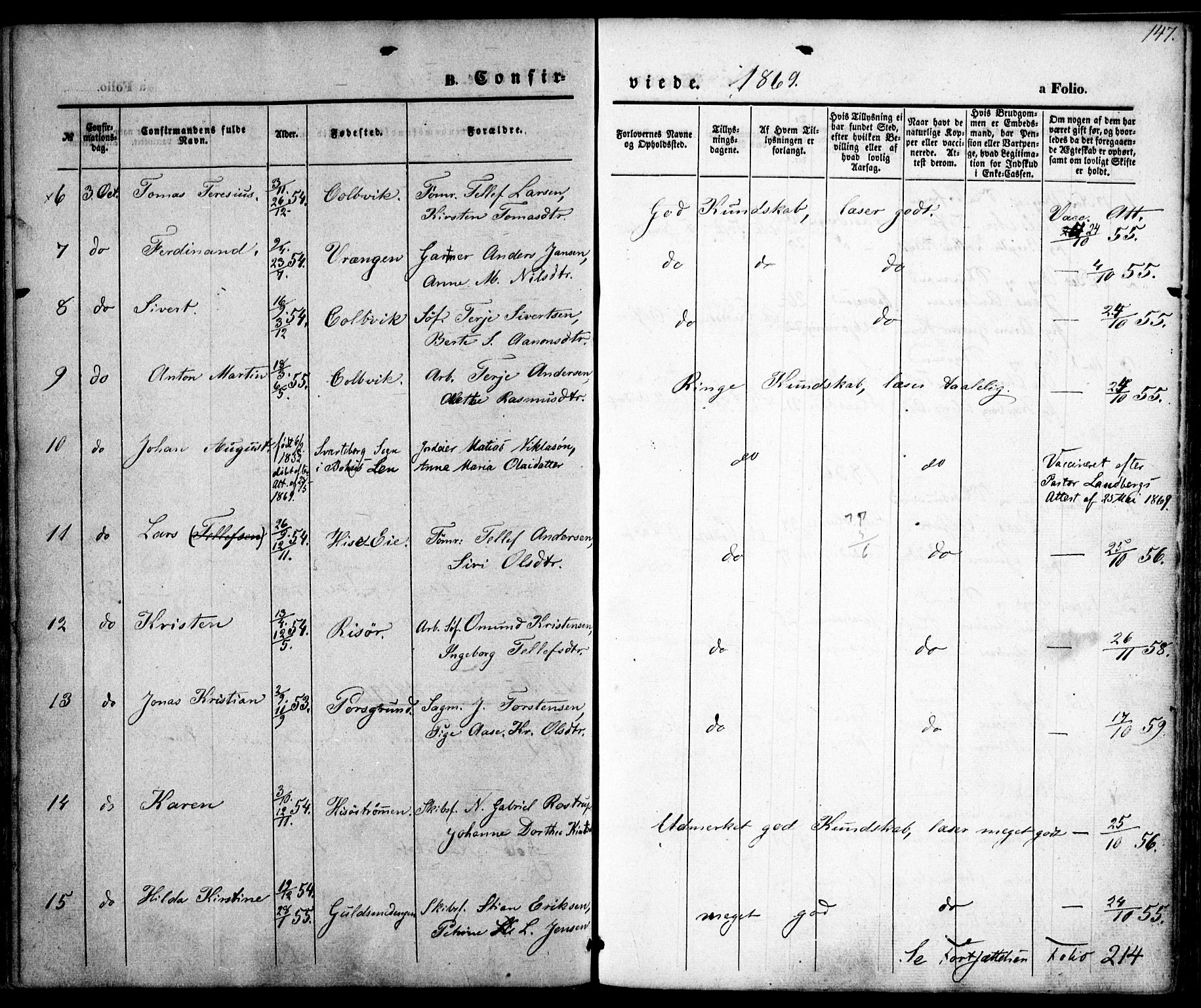 Hisøy sokneprestkontor, SAK/1111-0020/F/Fa/L0001: Parish register (official) no. A 1, 1849-1871, p. 147