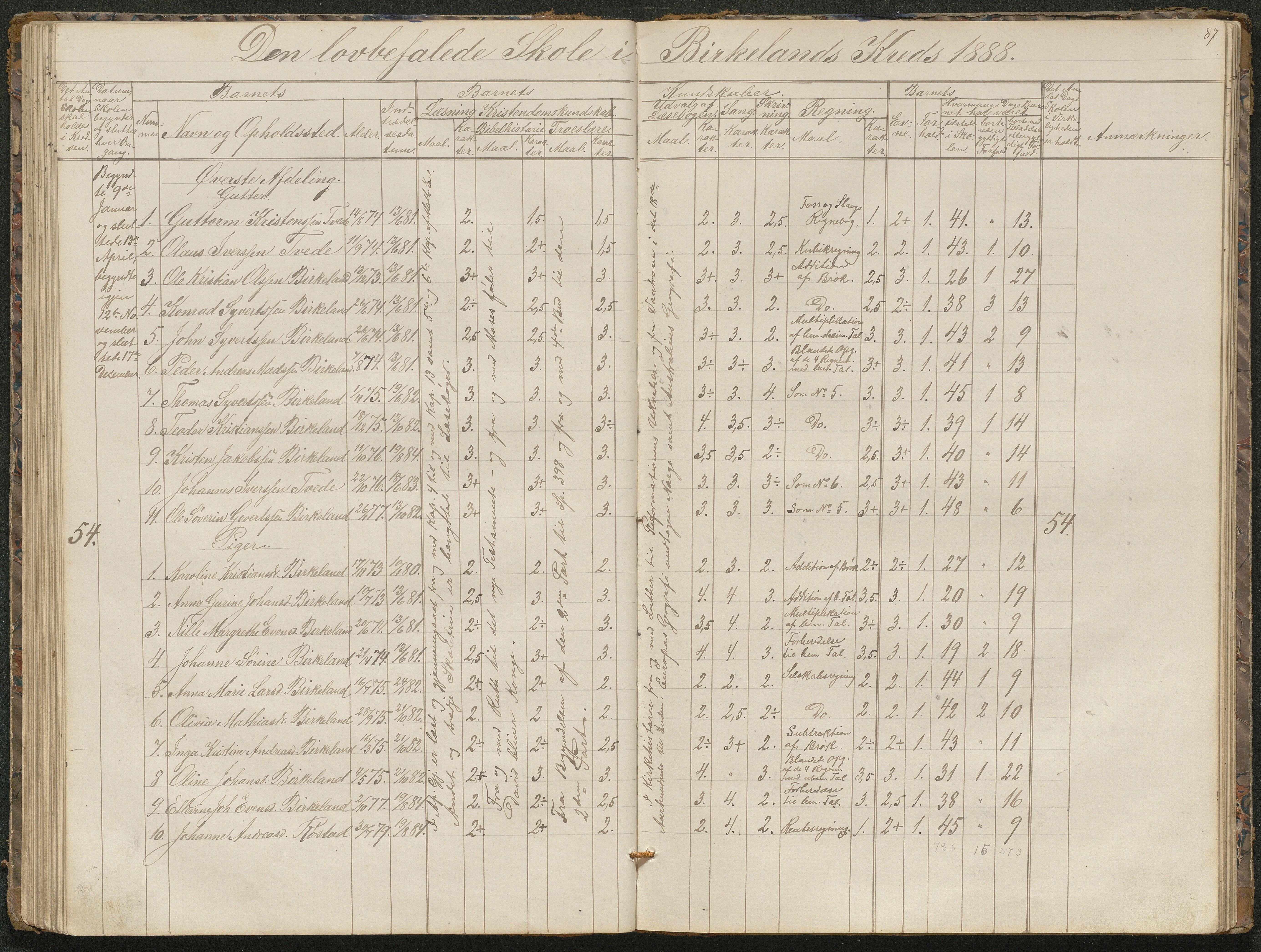 Birkenes kommune, Birkenes krets/Birkeland folkeskole frem til 1991, AAKS/KA0928-550a_91/F02/L0001: Skoleprotokoll, 1862-1896, p. 87