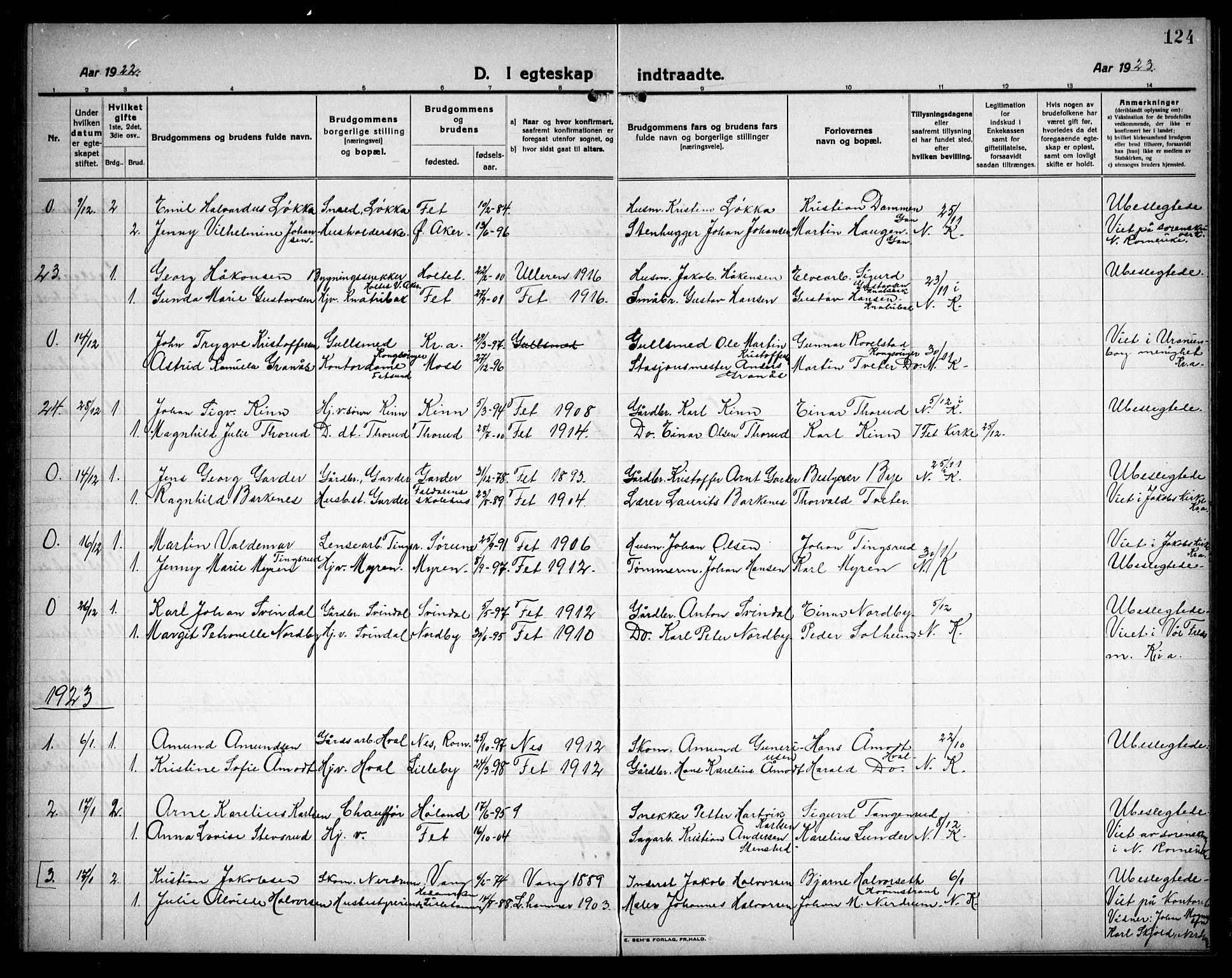 Fet prestekontor Kirkebøker, SAO/A-10370a/G/Ga/L0009: Parish register (copy) no. I 9, 1920-1934, p. 124