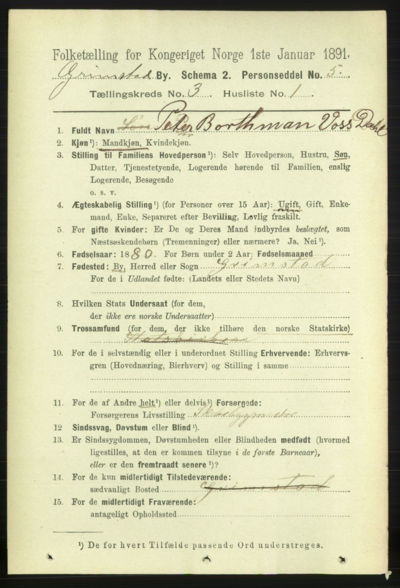 RA, 1891 census for 0904 Grimstad, 1891, p. 2000