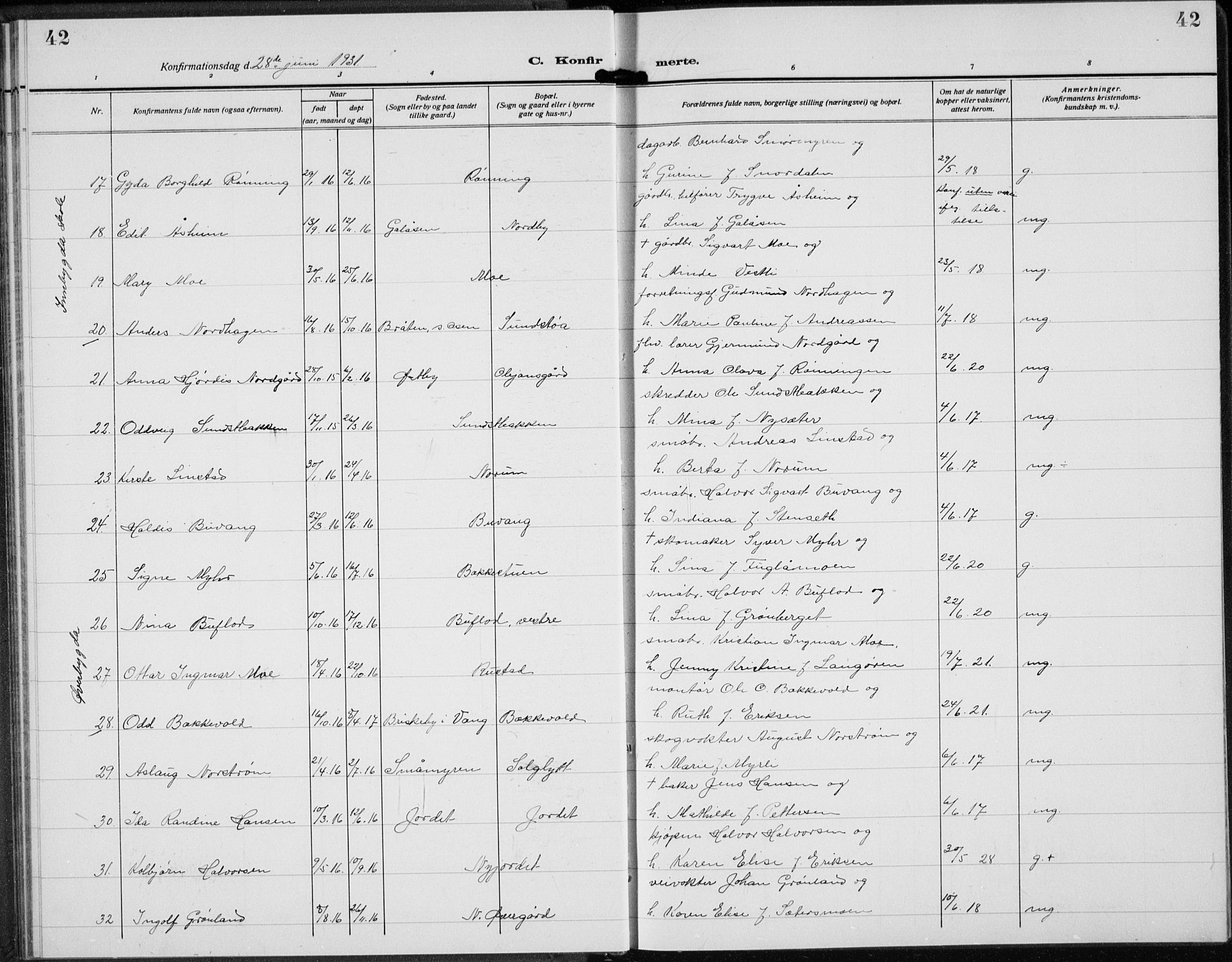 Trysil prestekontor, AV/SAH-PREST-046/H/Ha/Hab/L0010: Parish register (copy) no. 10, 1917-1937, p. 42