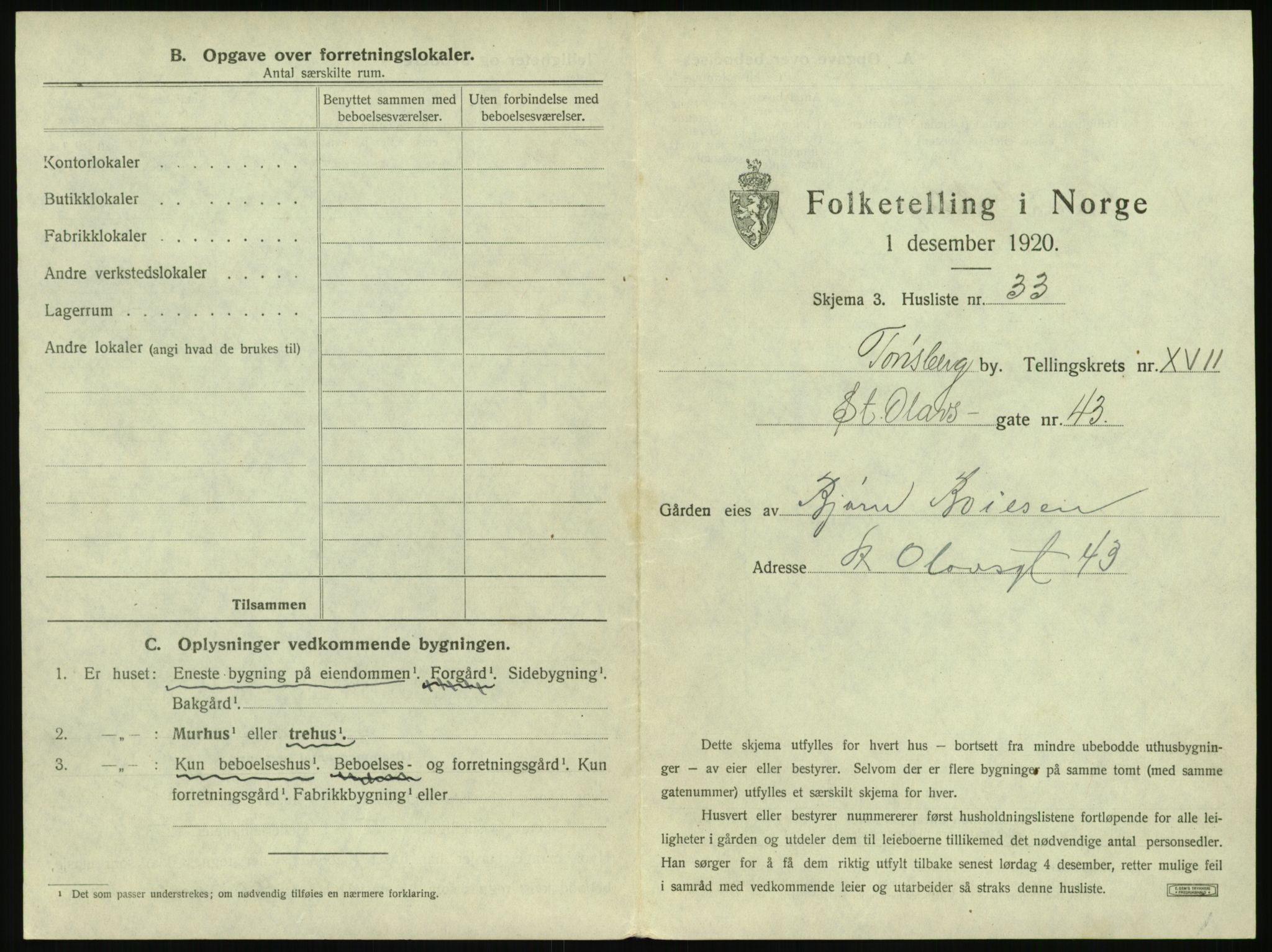 SAKO, 1920 census for Tønsberg, 1920, p. 1837