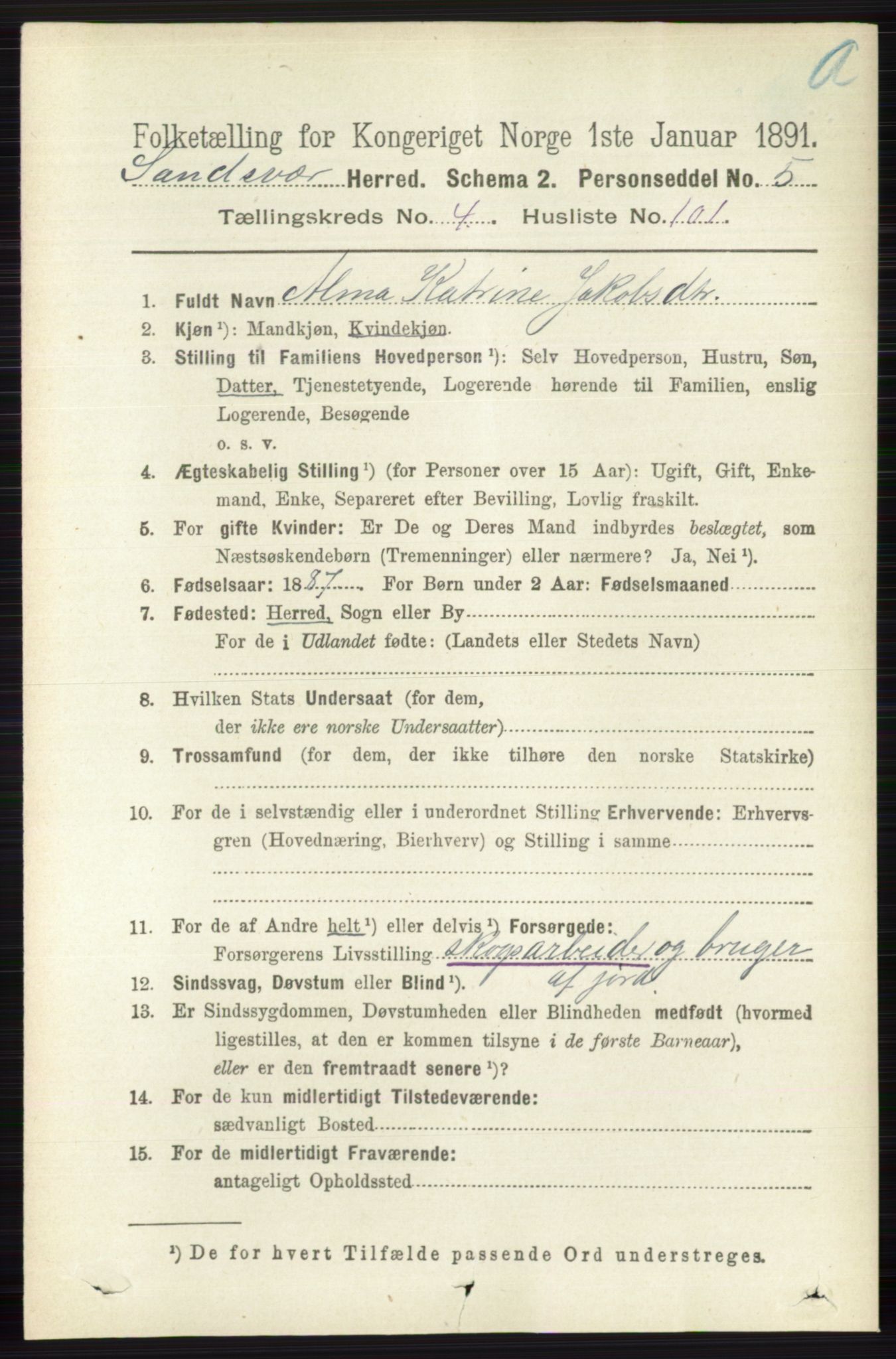 RA, 1891 census for 0629 Sandsvær, 1891, p. 2437