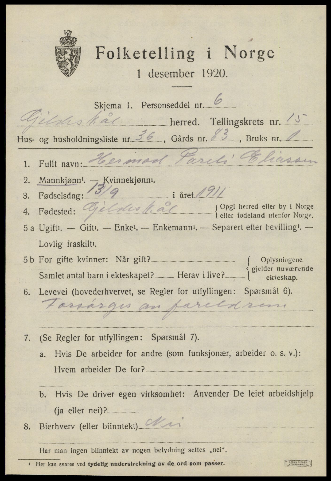 SAT, 1920 census for Gildeskål, 1920, p. 10172