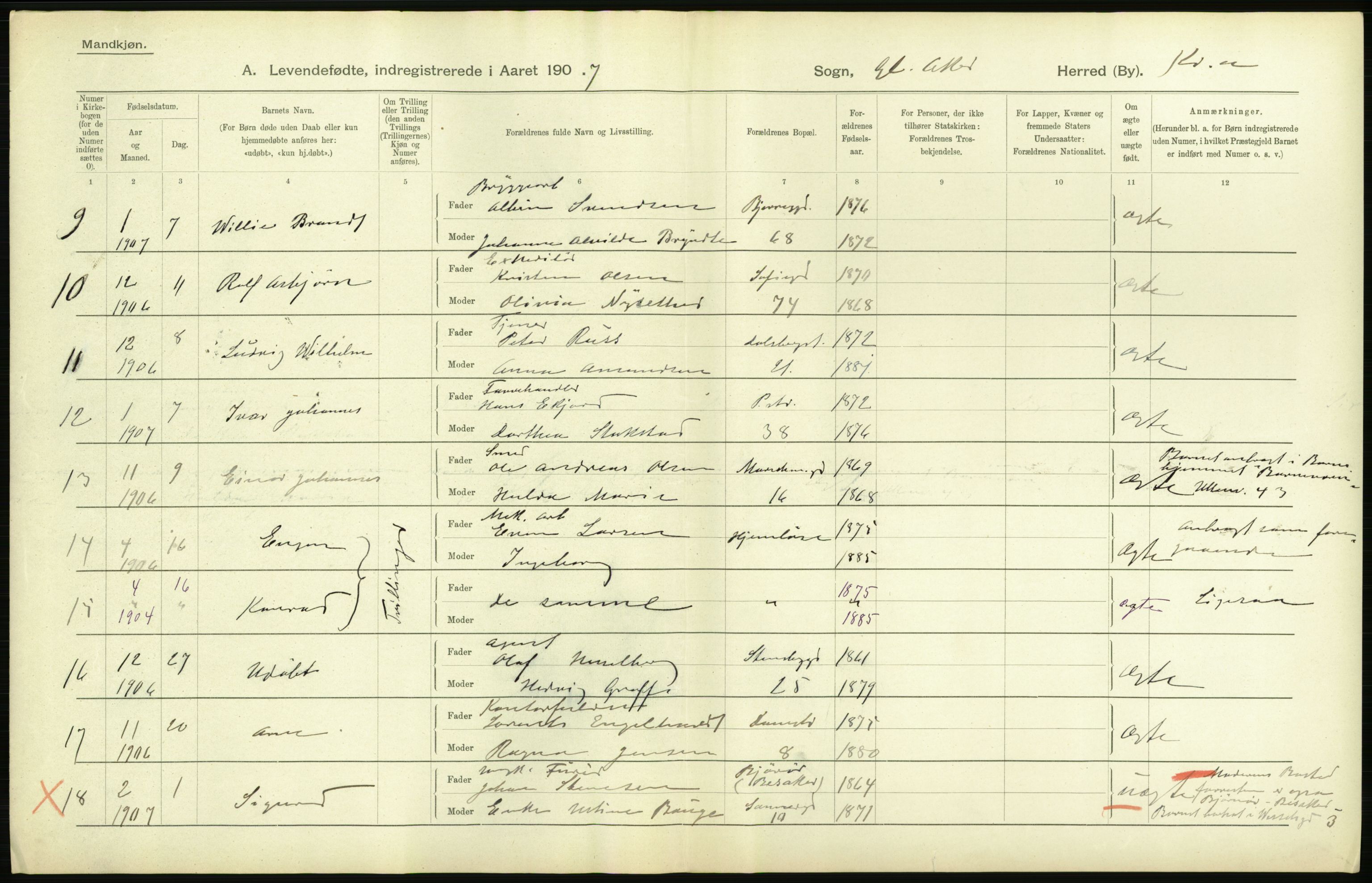 Statistisk sentralbyrå, Sosiodemografiske emner, Befolkning, AV/RA-S-2228/D/Df/Dfa/Dfae/L0006: Kristiania: Levendefødte menn og kvinner., 1907, p. 128