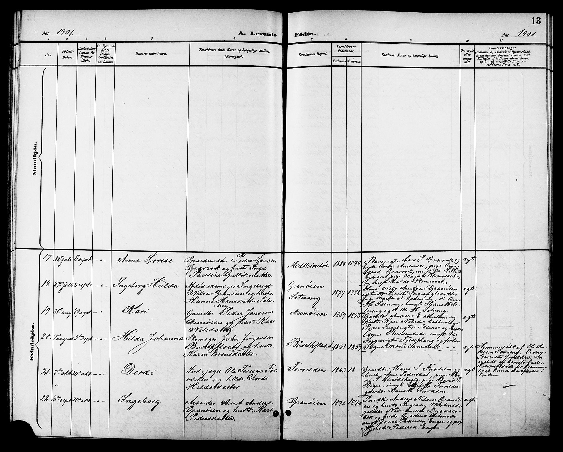 Ministerialprotokoller, klokkerbøker og fødselsregistre - Sør-Trøndelag, SAT/A-1456/688/L1029: Parish register (copy) no. 688C04, 1899-1915, p. 13
