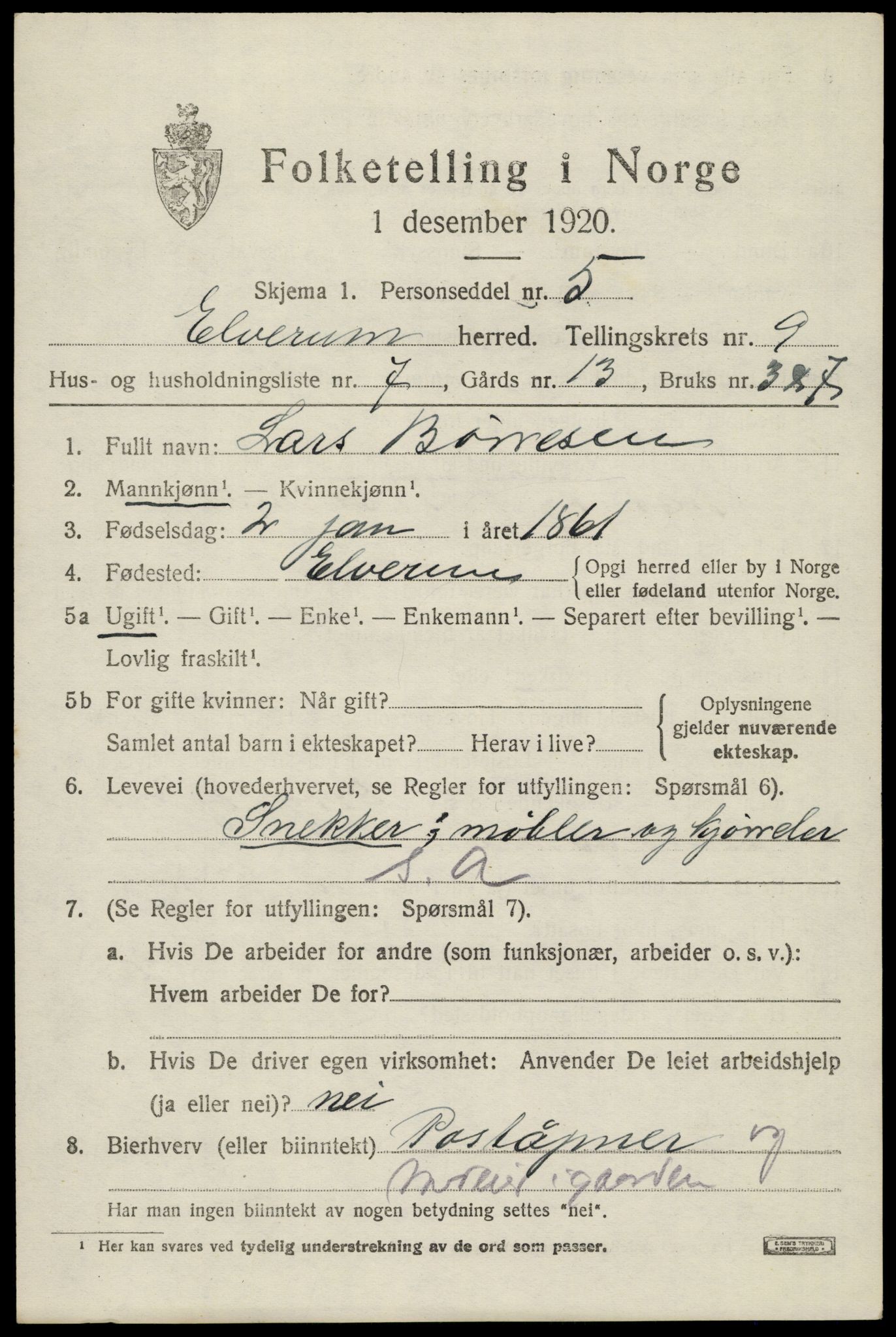SAH, 1920 census for Elverum, 1920, p. 15638