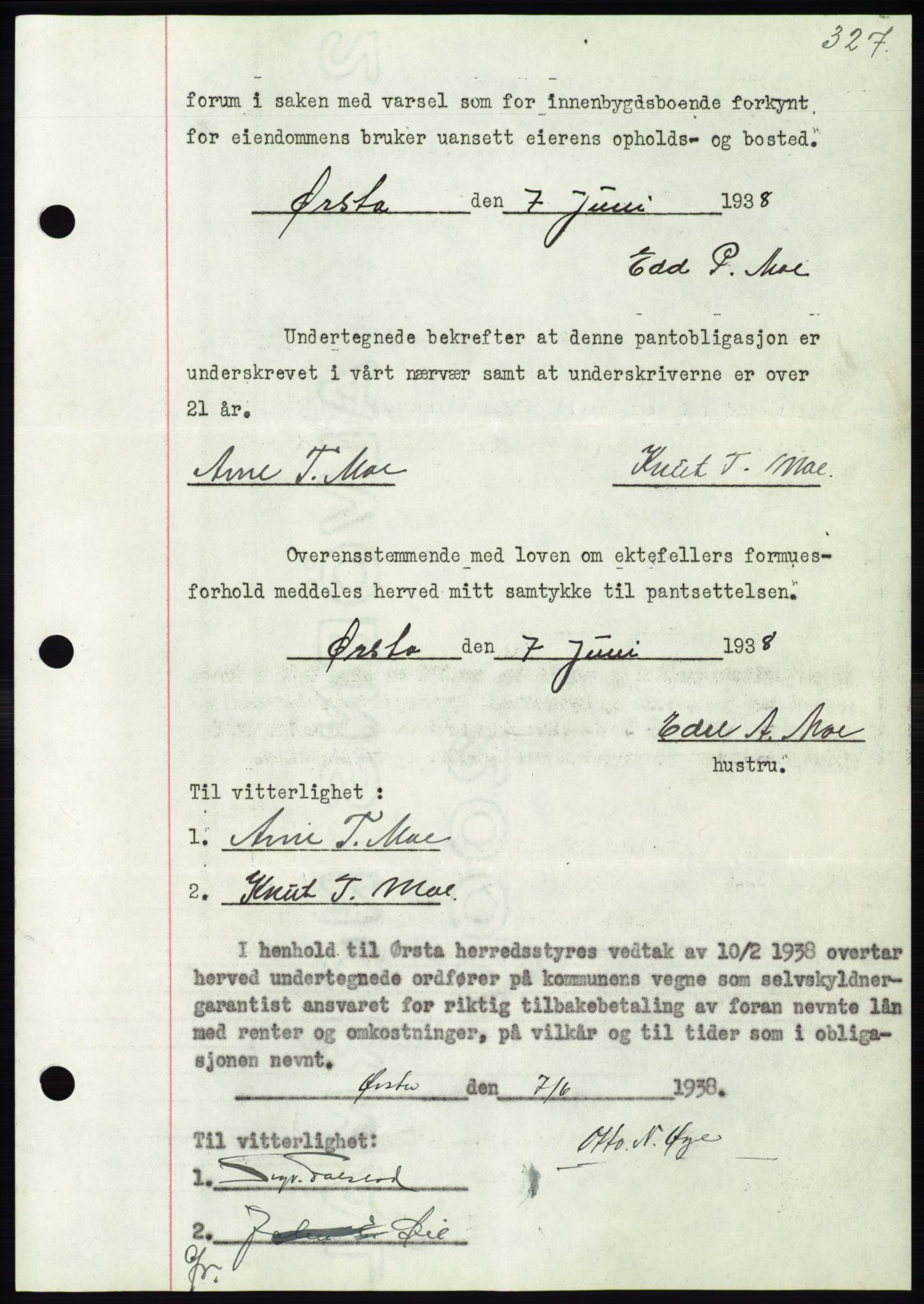 Søre Sunnmøre sorenskriveri, AV/SAT-A-4122/1/2/2C/L0065: Mortgage book no. 59, 1938-1938, Diary no: : 780/1938