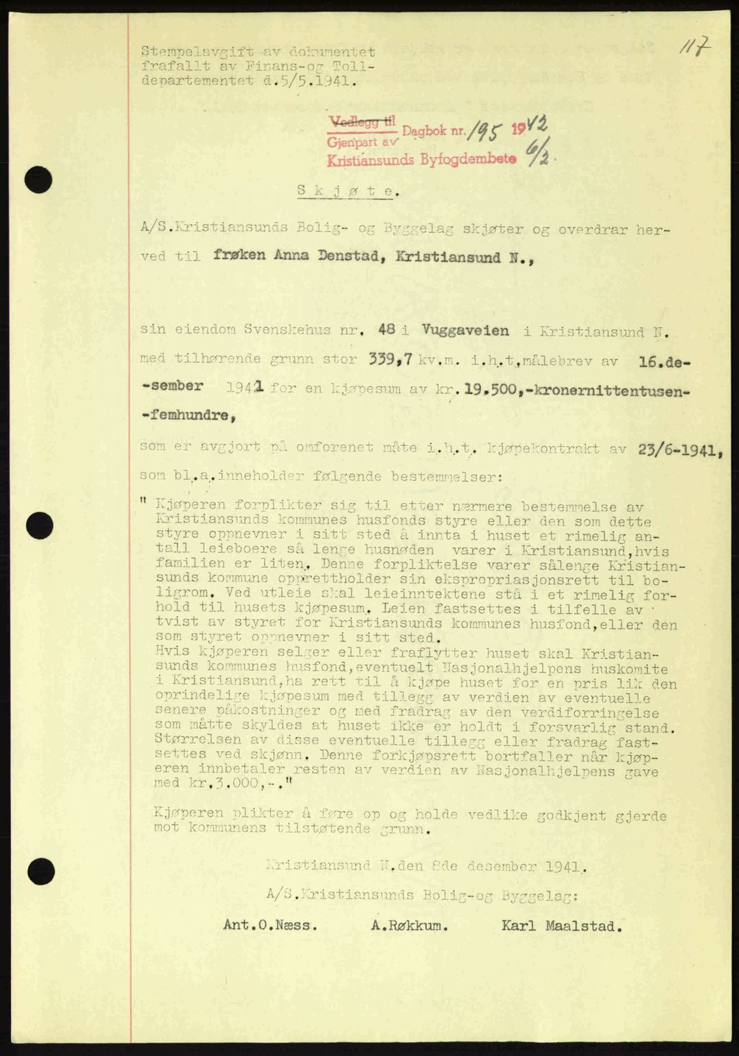 Kristiansund byfogd, AV/SAT-A-4587/A/27: Mortgage book no. 34, 1941-1945, Diary no: : 195/1942