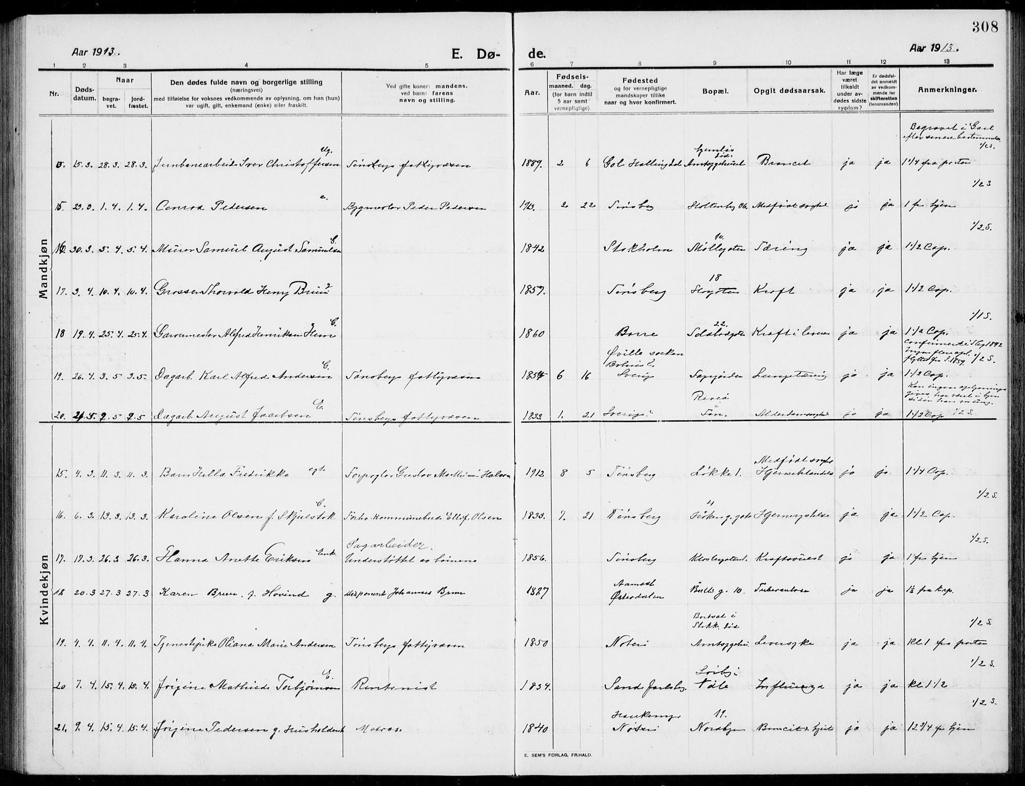 Tønsberg kirkebøker, SAKO/A-330/G/Ga/L0009: Parish register (copy) no. 9, 1913-1920, p. 308