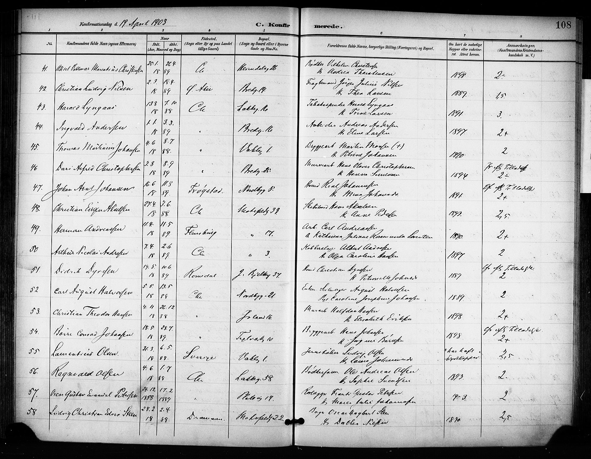 Grønland prestekontor Kirkebøker, AV/SAO-A-10848/F/Fa/L0015: Parish register (official) no. 15, 1899-1919, p. 108