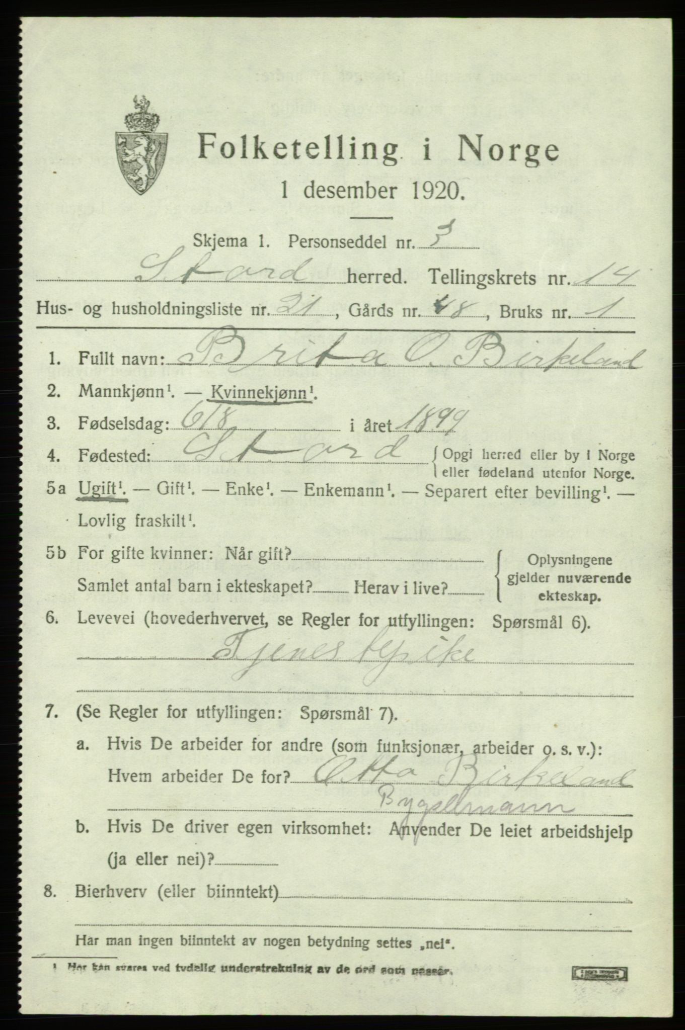 SAB, 1920 census for Stord, 1920, p. 8197