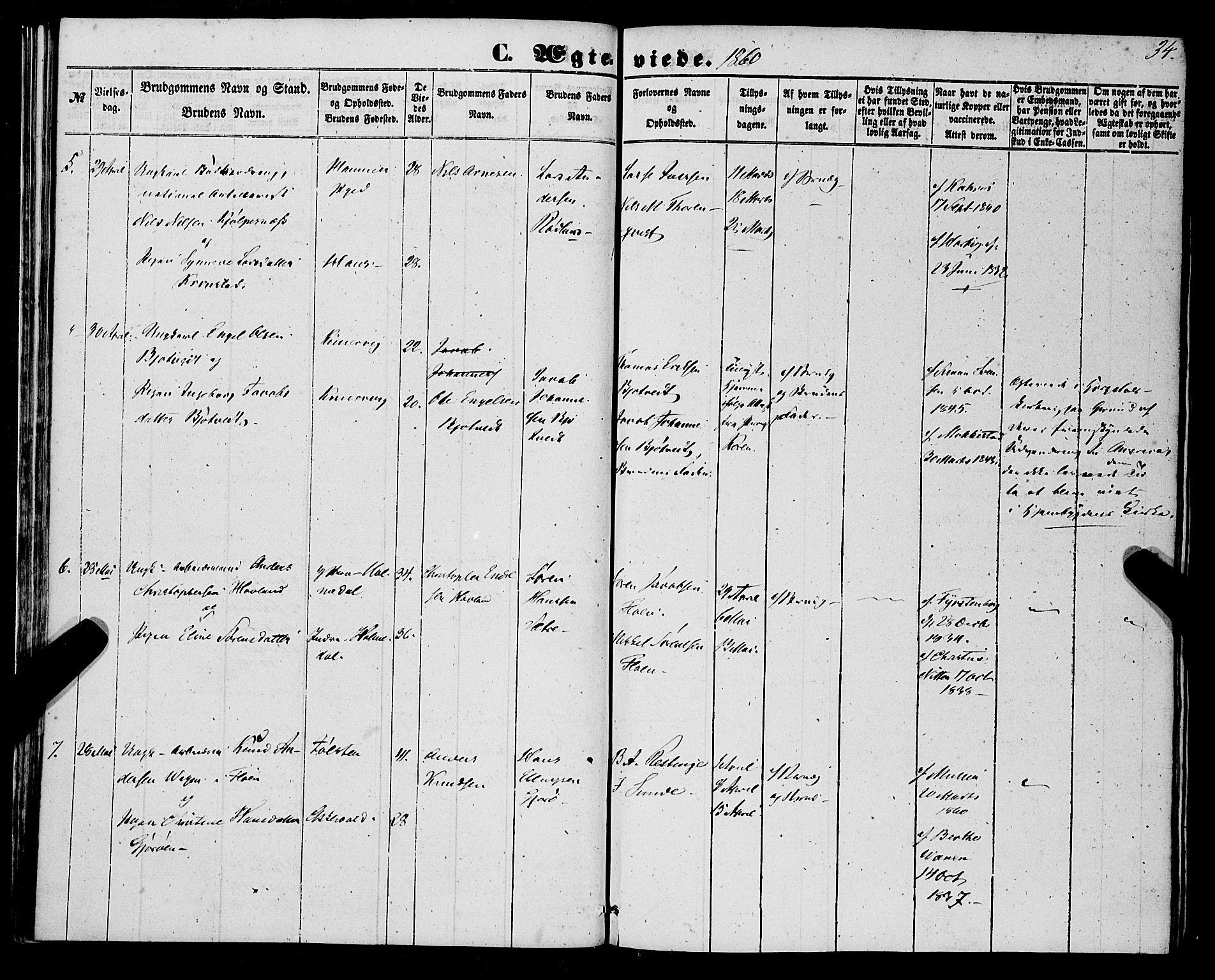 St. Jørgens hospital og Årstad sokneprestembete, SAB/A-99934: Parish register (official) no. A 9, 1853-1878, p. 34