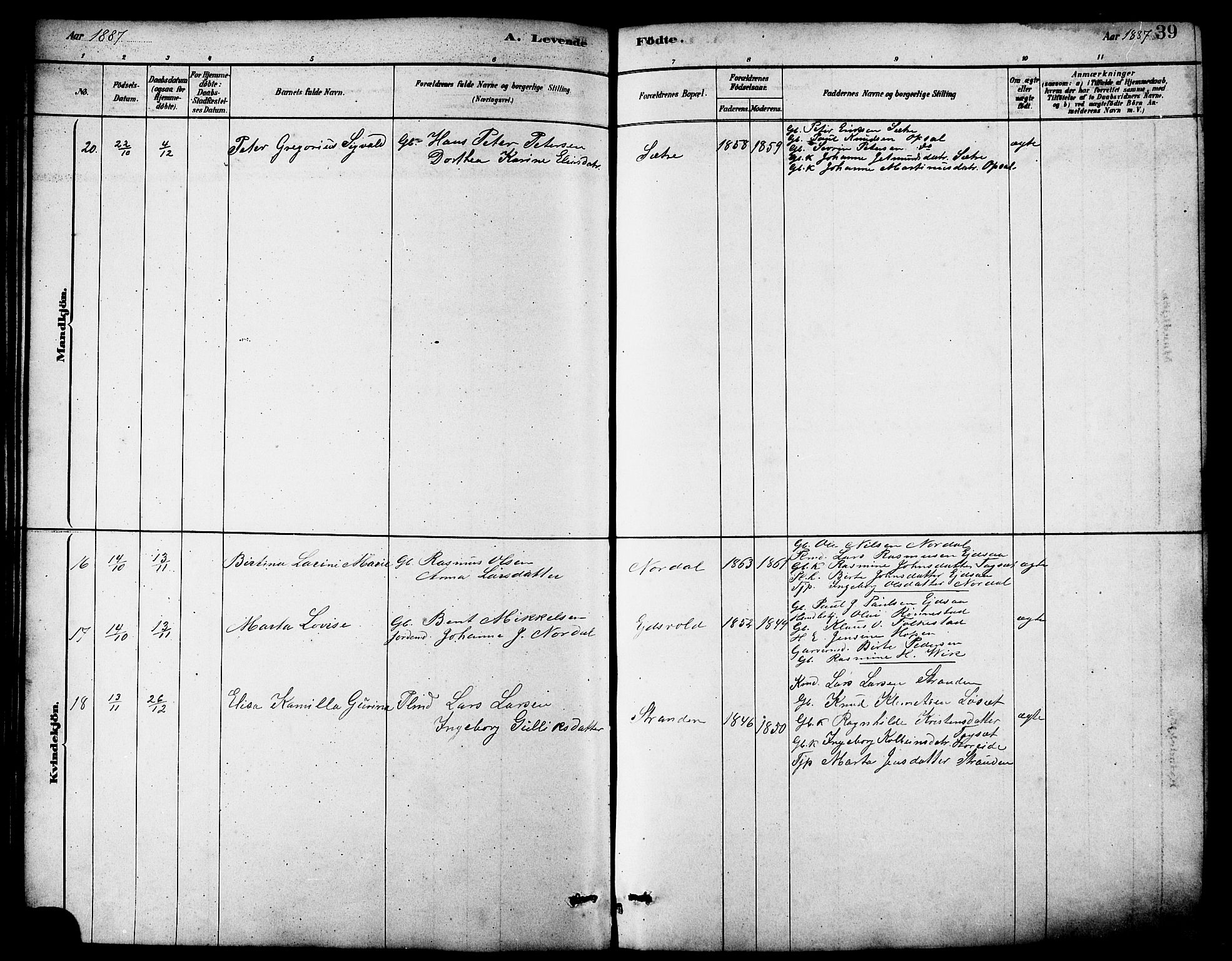 Ministerialprotokoller, klokkerbøker og fødselsregistre - Møre og Romsdal, AV/SAT-A-1454/502/L0027: Parish register (copy) no. 502C01, 1878-1908, p. 39