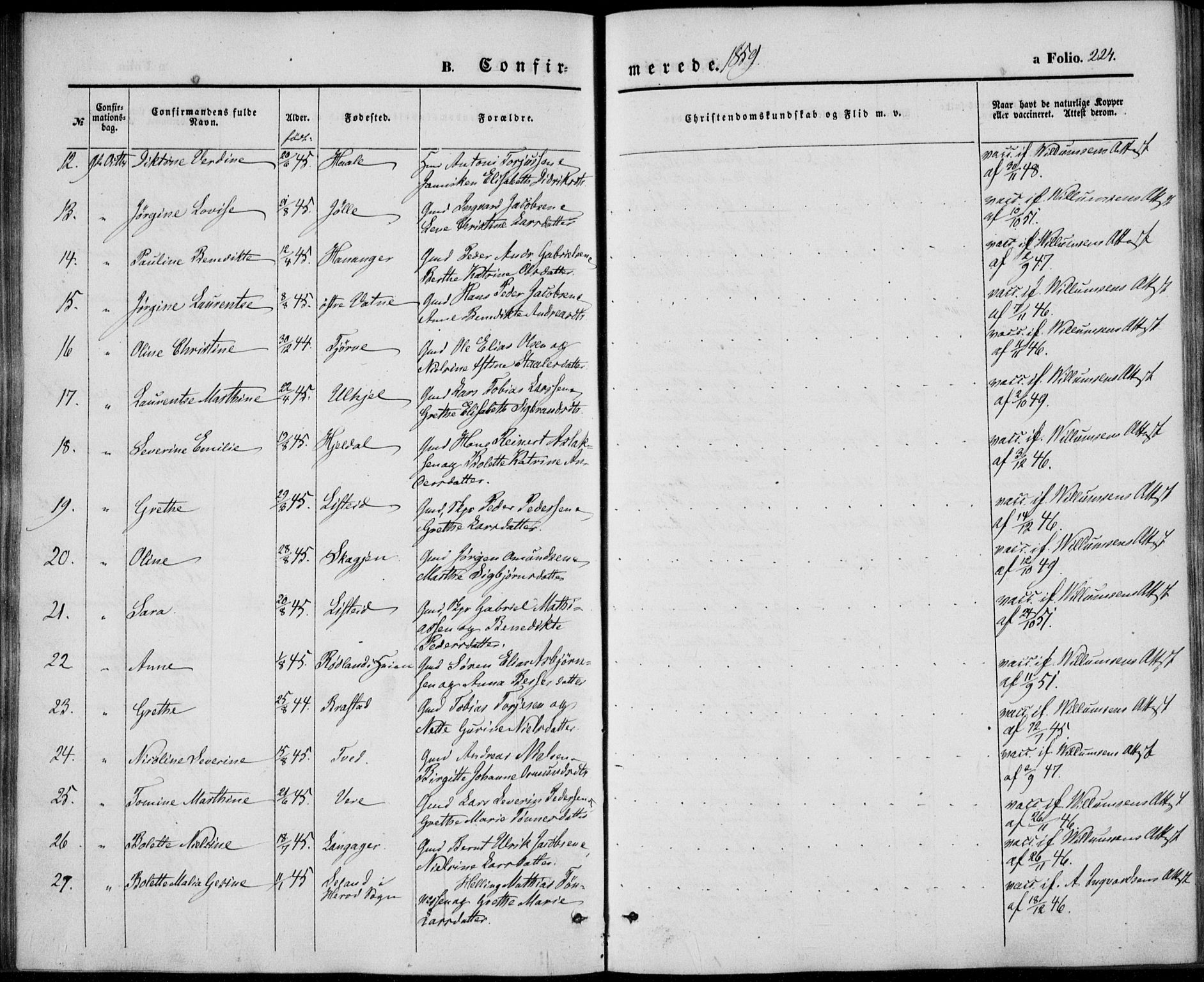 Lista sokneprestkontor, AV/SAK-1111-0027/F/Fb/L0002: Parish register (copy) no. B 2, 1847-1862, p. 224