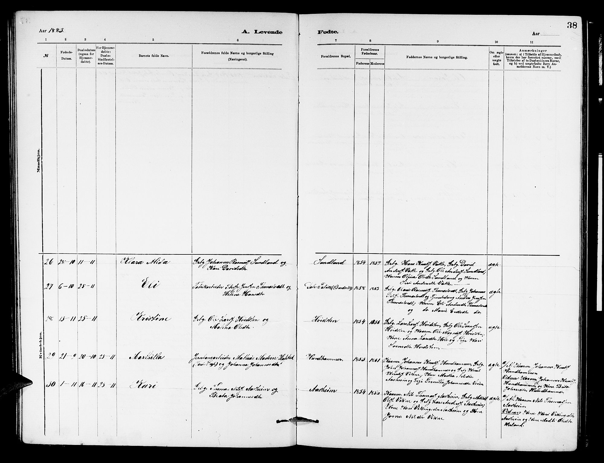 Haus sokneprestembete, AV/SAB-A-75601/H/Hab: Parish register (copy) no. B 2, 1878-1884, p. 38