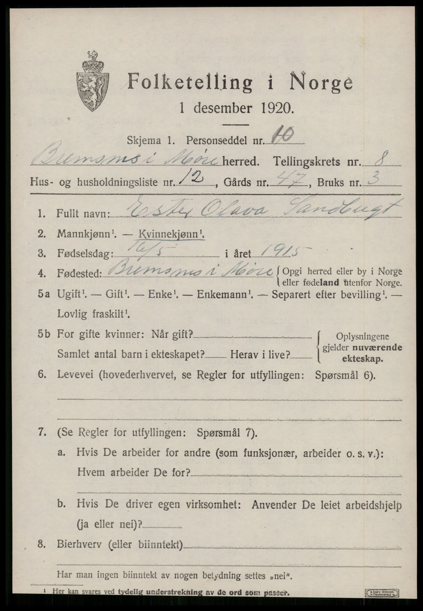 SAT, 1920 census for Bremsnes, 1920, p. 6869