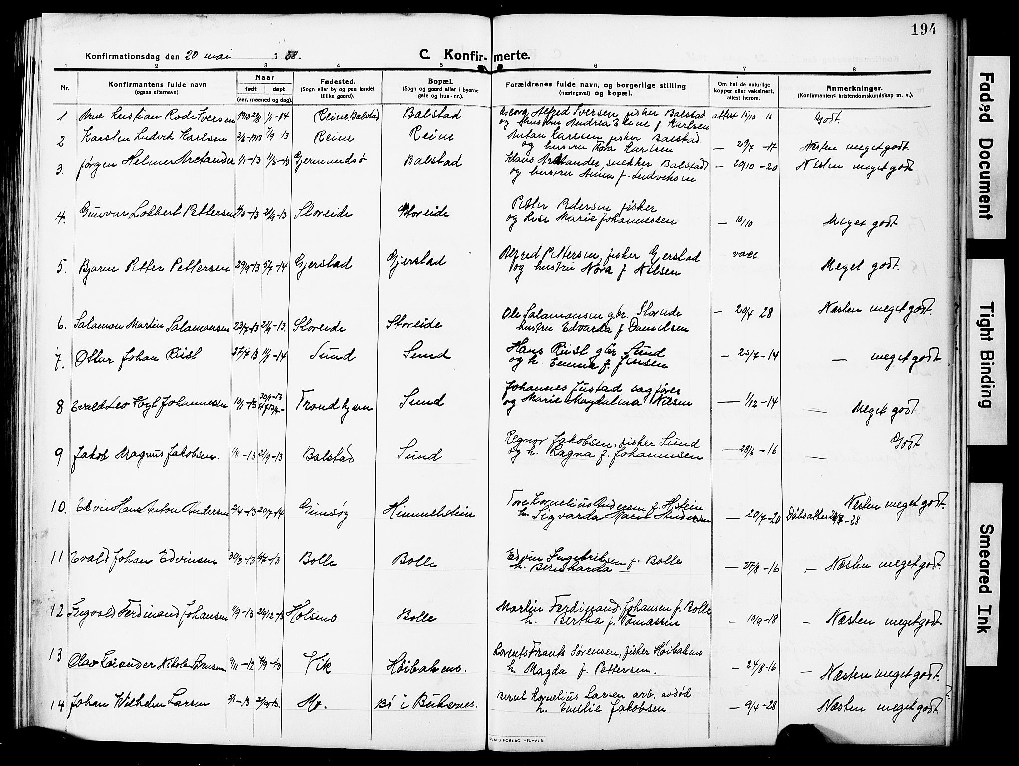 Ministerialprotokoller, klokkerbøker og fødselsregistre - Nordland, SAT/A-1459/881/L1169: Parish register (copy) no. 881C06, 1912-1930, p. 194