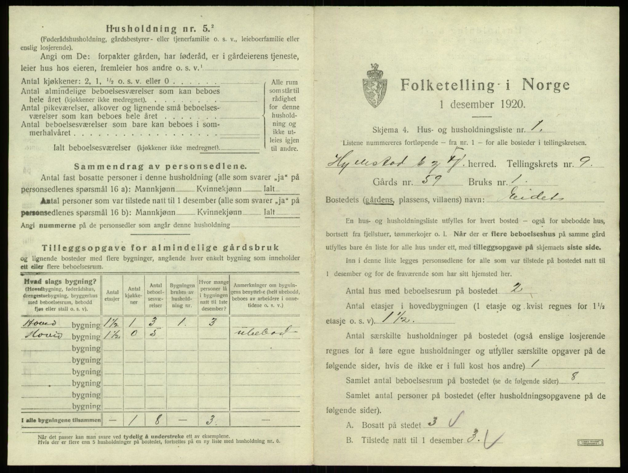 SAB, 1920 census for Hyllestad, 1920, p. 505