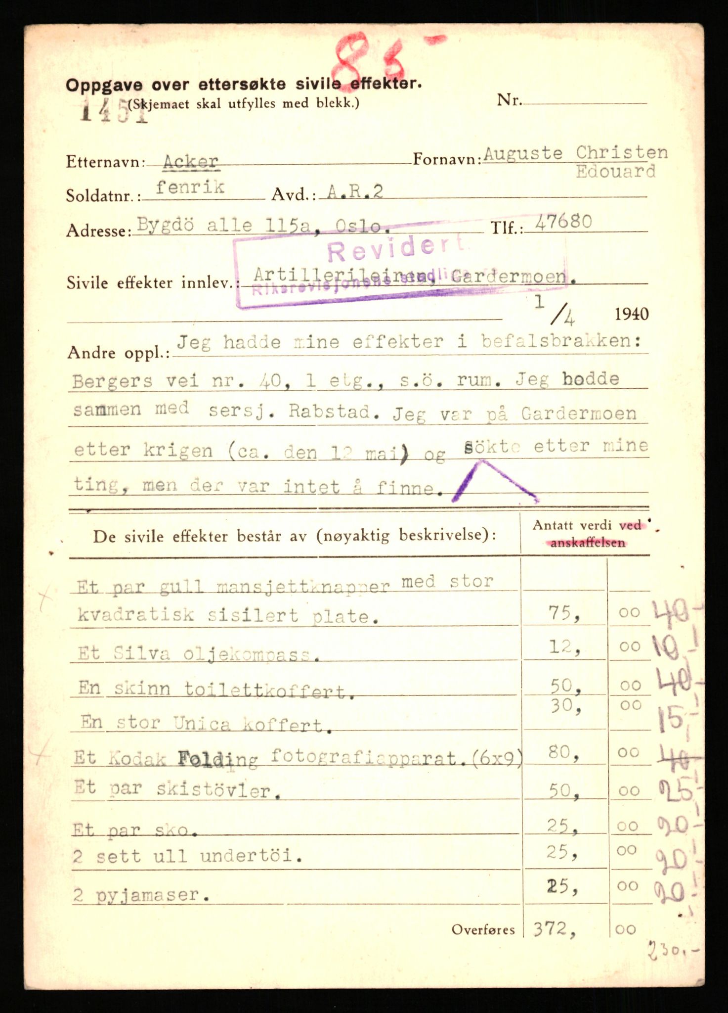 Justisdepartementet, Oppgjørsavdelingen, AV/RA-S-1056/G/Gb/L0001: Oppgaver over ettersøkte sivile effekter: Abel - Andersen, Anders J., 1940-1942, p. 142