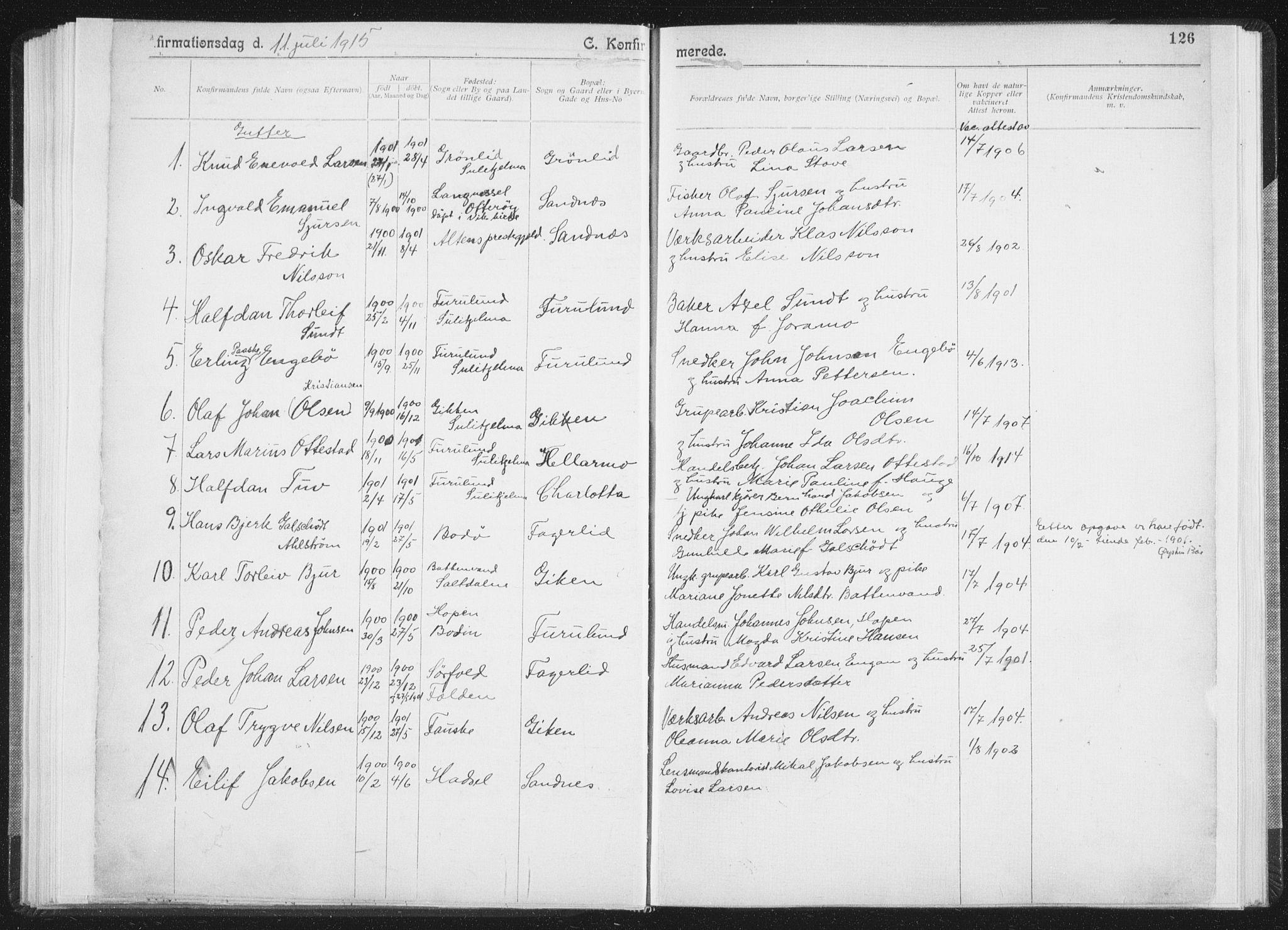 Ministerialprotokoller, klokkerbøker og fødselsregistre - Nordland, SAT/A-1459/850/L0711: Curate's parish register no. 850B01, 1902-1915, p. 126