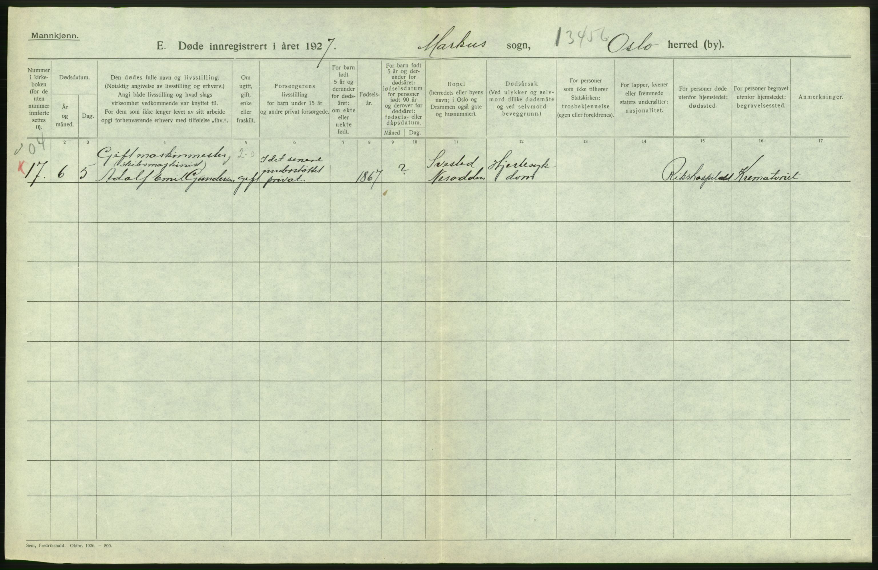 Statistisk sentralbyrå, Sosiodemografiske emner, Befolkning, AV/RA-S-2228/D/Df/Dfc/Dfcg/L0009: Oslo: Døde menn, 1927, p. 218