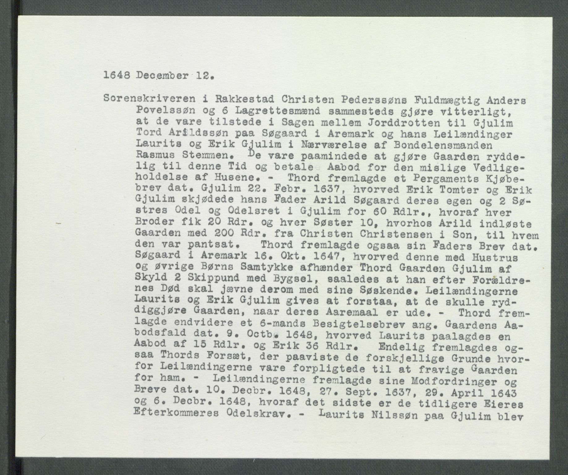 Riksarkivets diplomsamling, AV/RA-EA-5965/F02/L0161: Dokumenter, 1648, p. 107