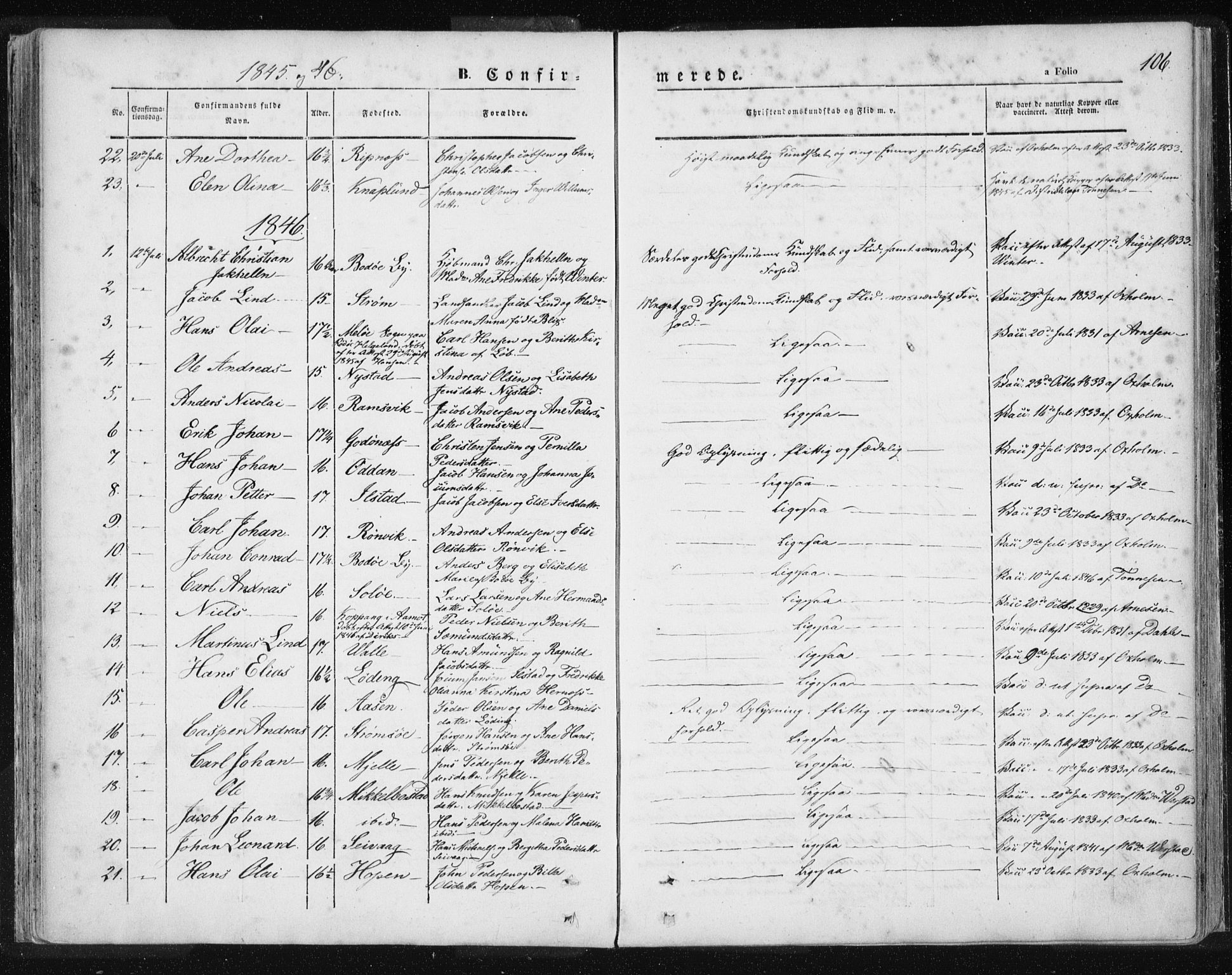 Ministerialprotokoller, klokkerbøker og fødselsregistre - Nordland, SAT/A-1459/801/L0007: Parish register (official) no. 801A07, 1845-1863, p. 106