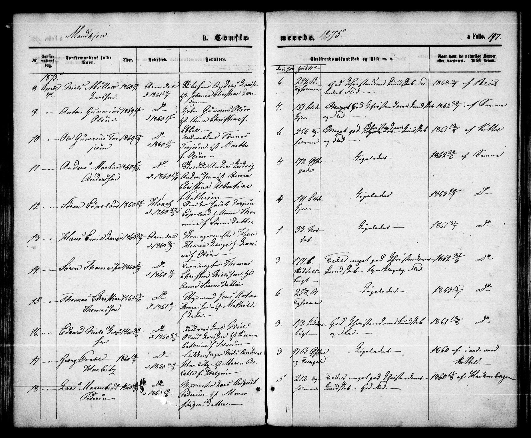 Arendal sokneprestkontor, Trefoldighet, SAK/1111-0040/F/Fa/L0007: Parish register (official) no. A 7, 1868-1878, p. 197