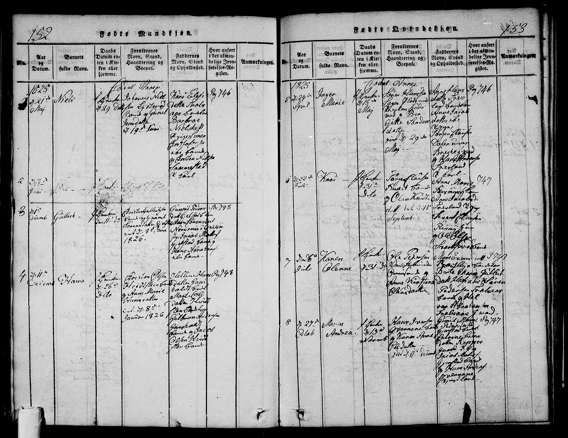 Andebu kirkebøker, SAKO/A-336/G/Ga/L0002: Parish register (copy) no. I 2 /3, 1823-1832, p. 152-153