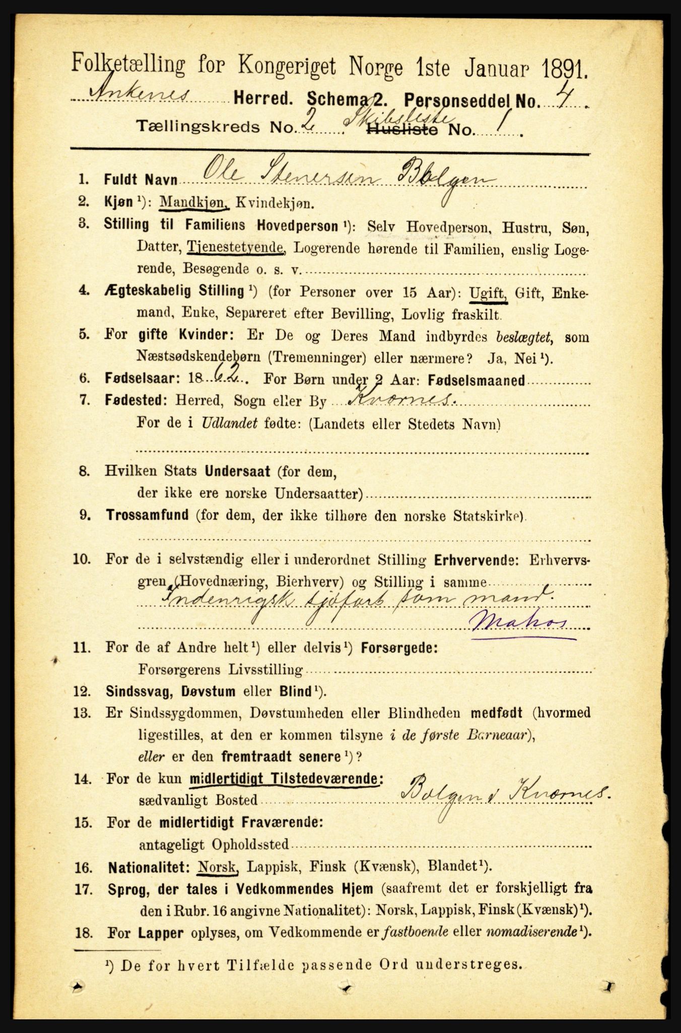 RA, 1891 census for 1855 Ankenes, 1891, p. 1402