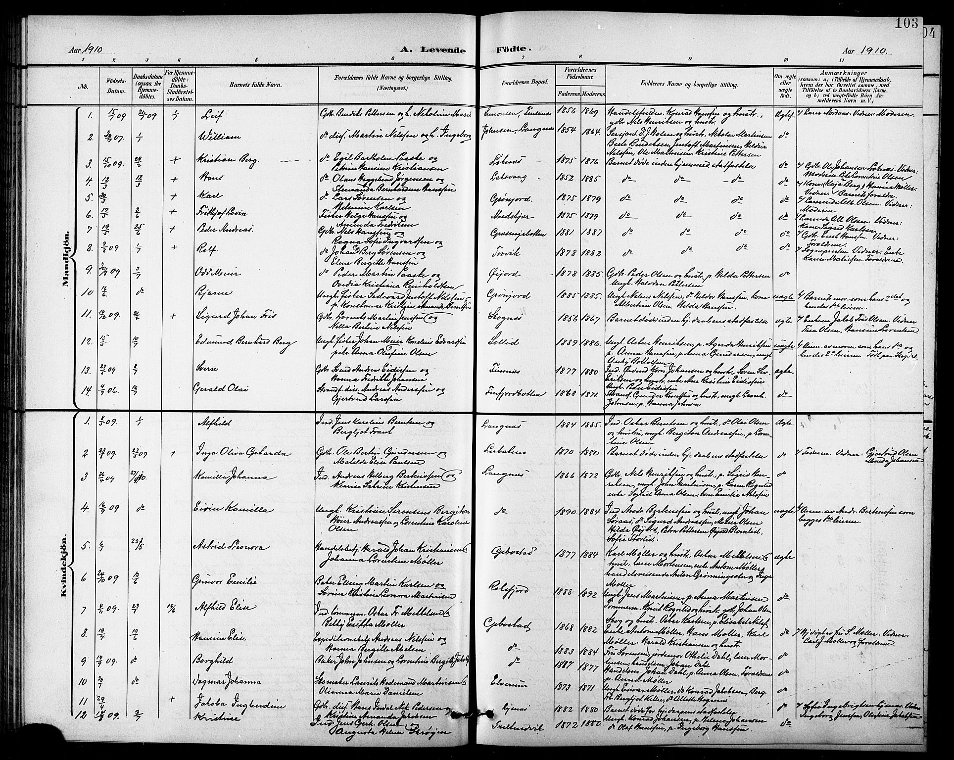 Lenvik sokneprestembete, SATØ/S-1310/H/Ha/Hab/L0008klokker: Parish register (copy) no. 8, 1899-1911, p. 103