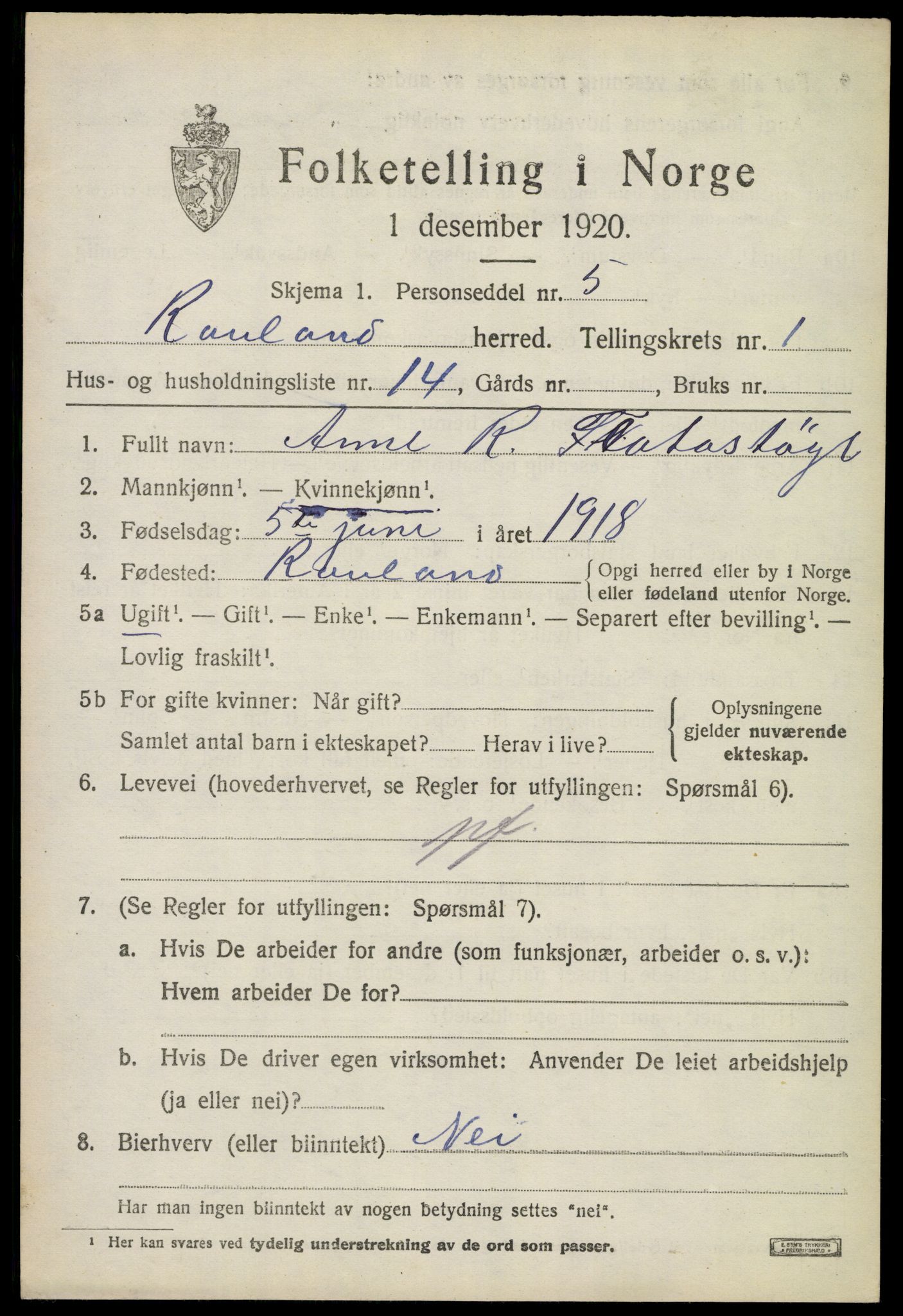 SAKO, 1920 census for Rauland, 1920, p. 610