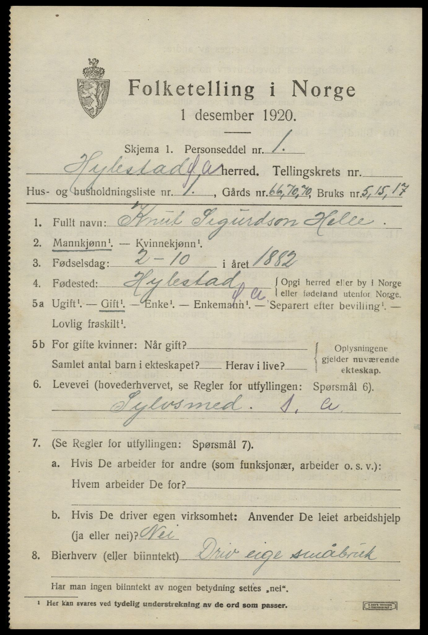 SAK, 1920 census for Hylestad, 1920, p. 1386