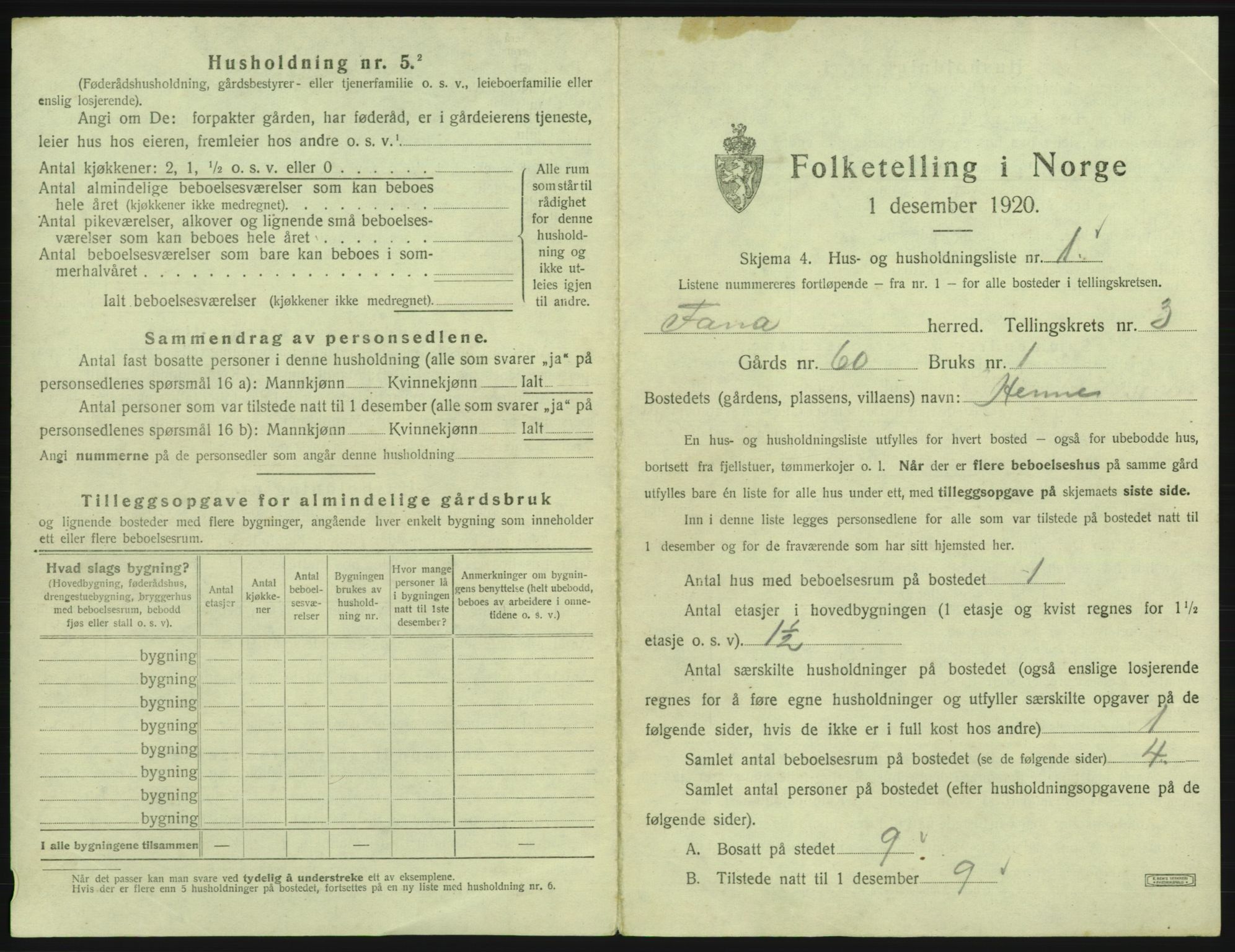 SAB, 1920 census for Fana, 1920, p. 288