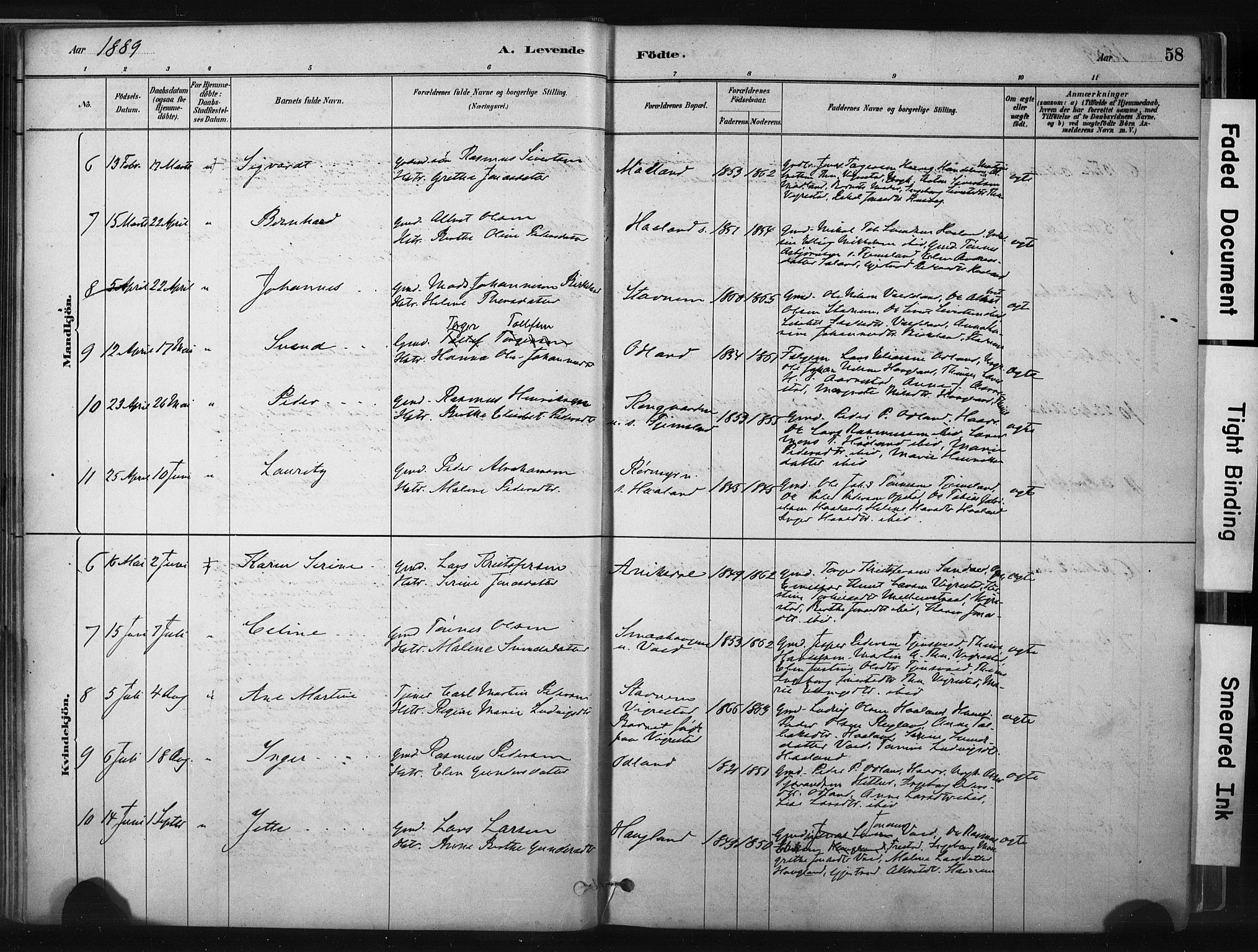 Hå sokneprestkontor, AV/SAST-A-101801/001/30BA/L0011: Parish register (official) no. A 10, 1879-1900, p. 58