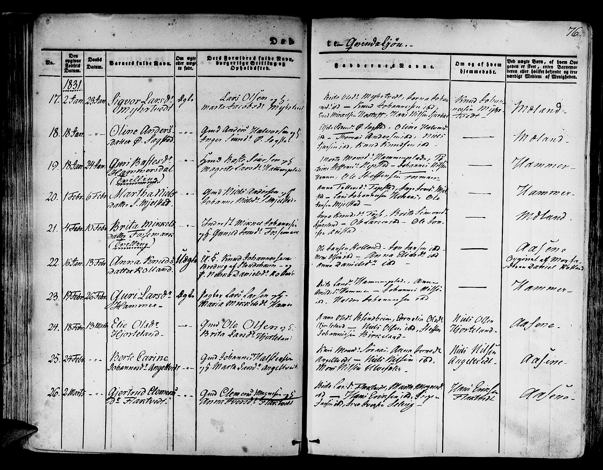 Hamre sokneprestembete, AV/SAB-A-75501/H/Ha/Haa/Haaa/L0011: Parish register (official) no. A 11, 1826-1834, p. 76