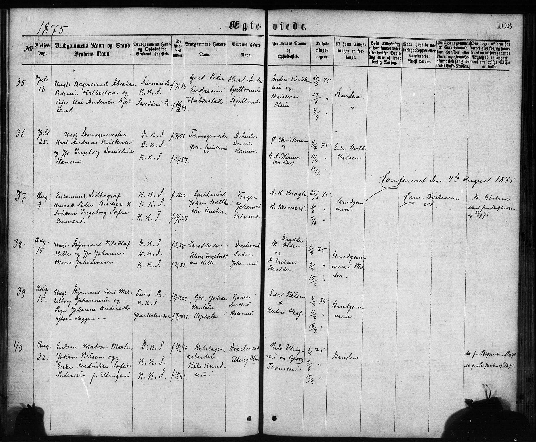 Korskirken sokneprestembete, AV/SAB-A-76101/H/Haa/L0036: Parish register (official) no. D 3, 1867-1882, p. 103