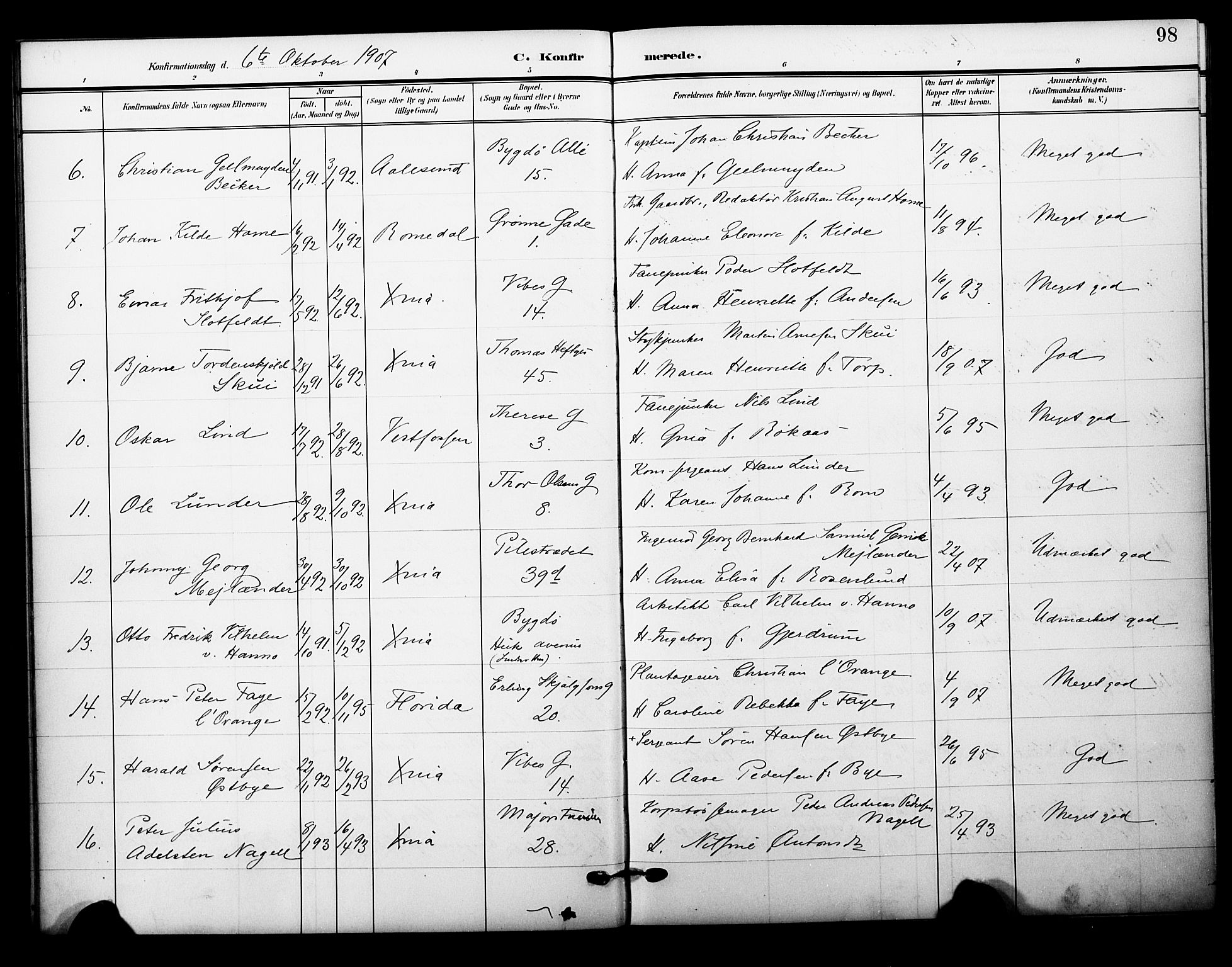 Garnisonsmenigheten Kirkebøker, AV/SAO-A-10846/F/Fa/L0014: Parish register (official) no. 14, 1905-1914, p. 98