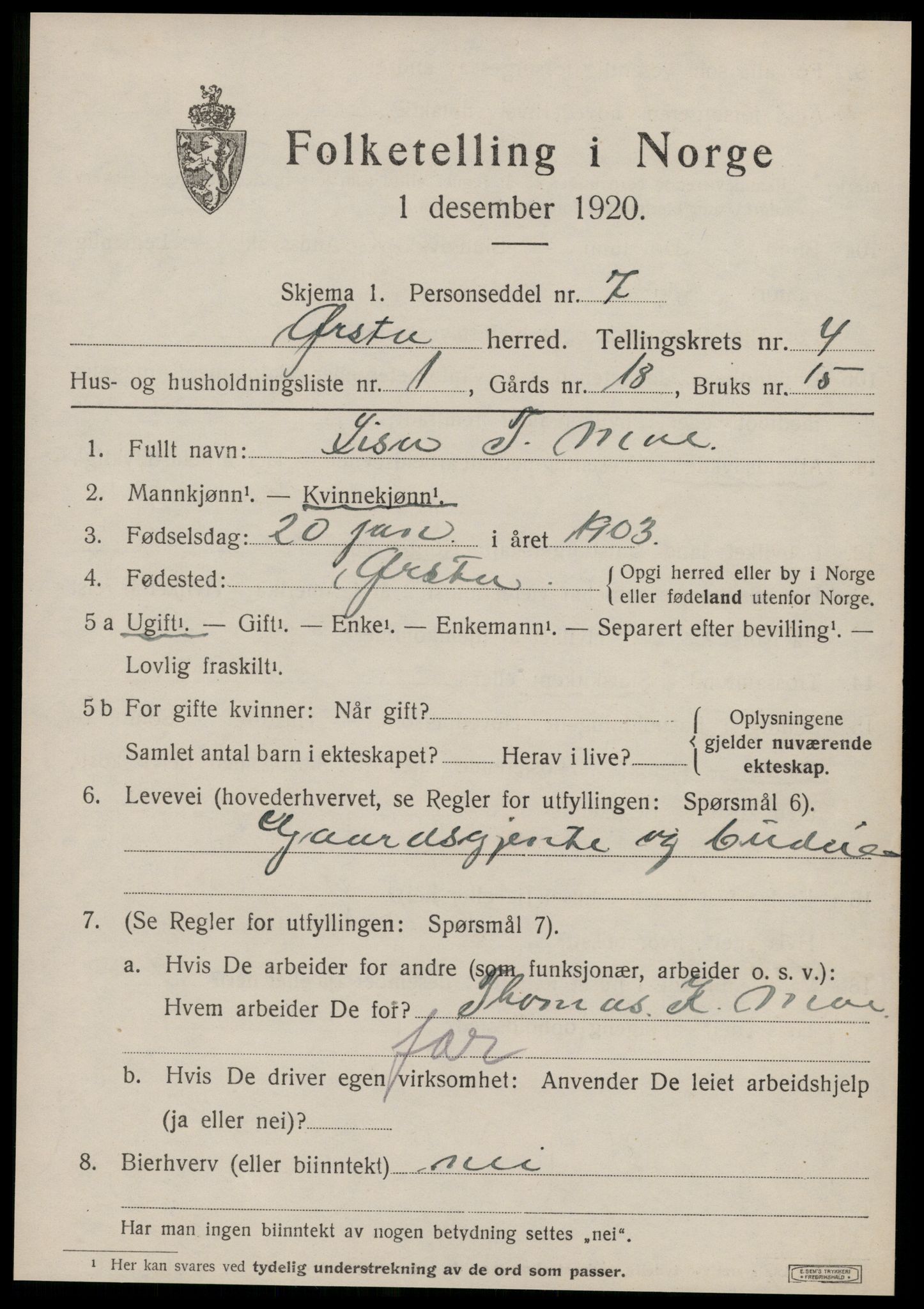 SAT, 1920 census for Ørsta, 1920, p. 3964