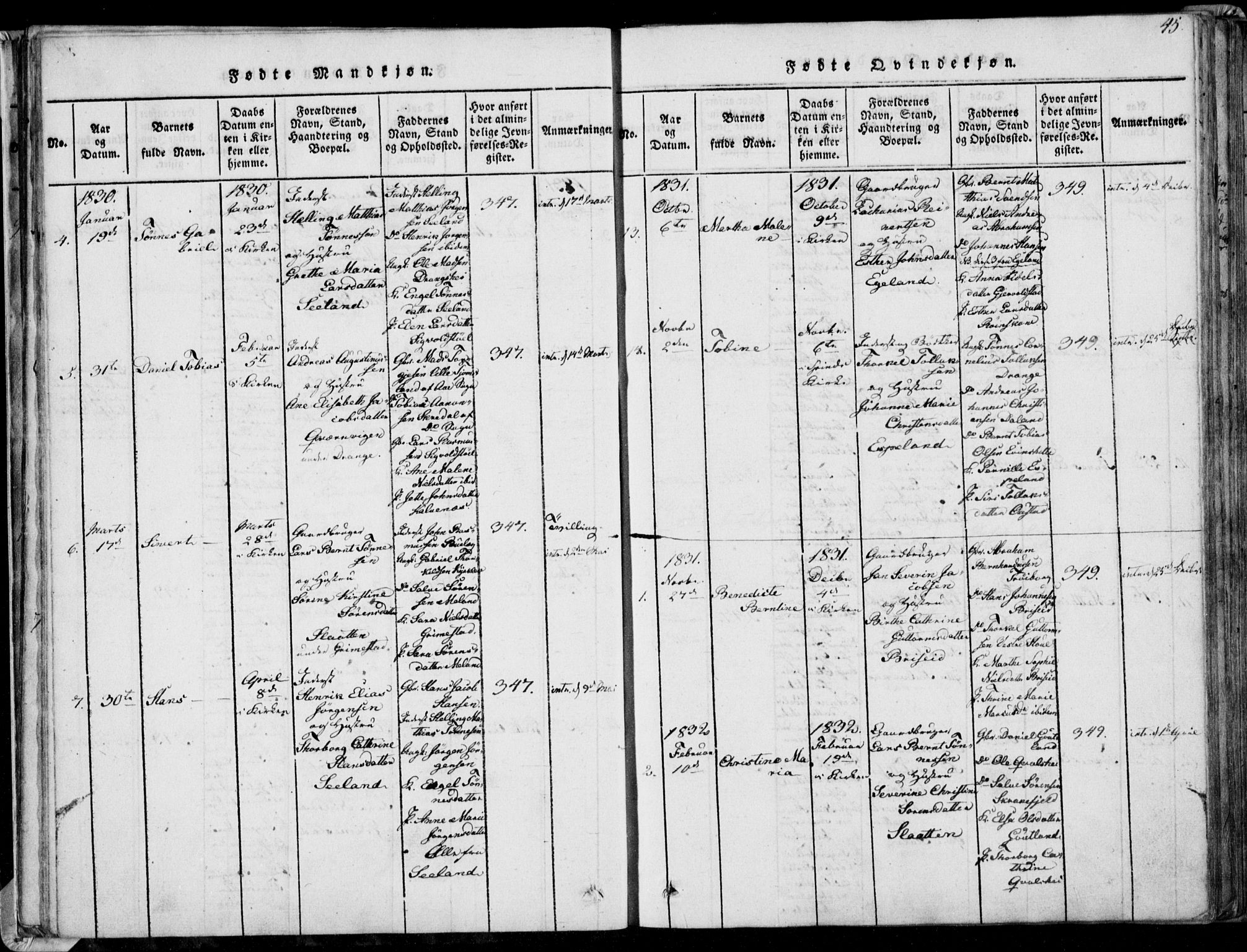 Herad sokneprestkontor, AV/SAK-1111-0018/F/Fa/Faa/L0003: Parish register (official) no. A 3, 1816-1844, p. 45