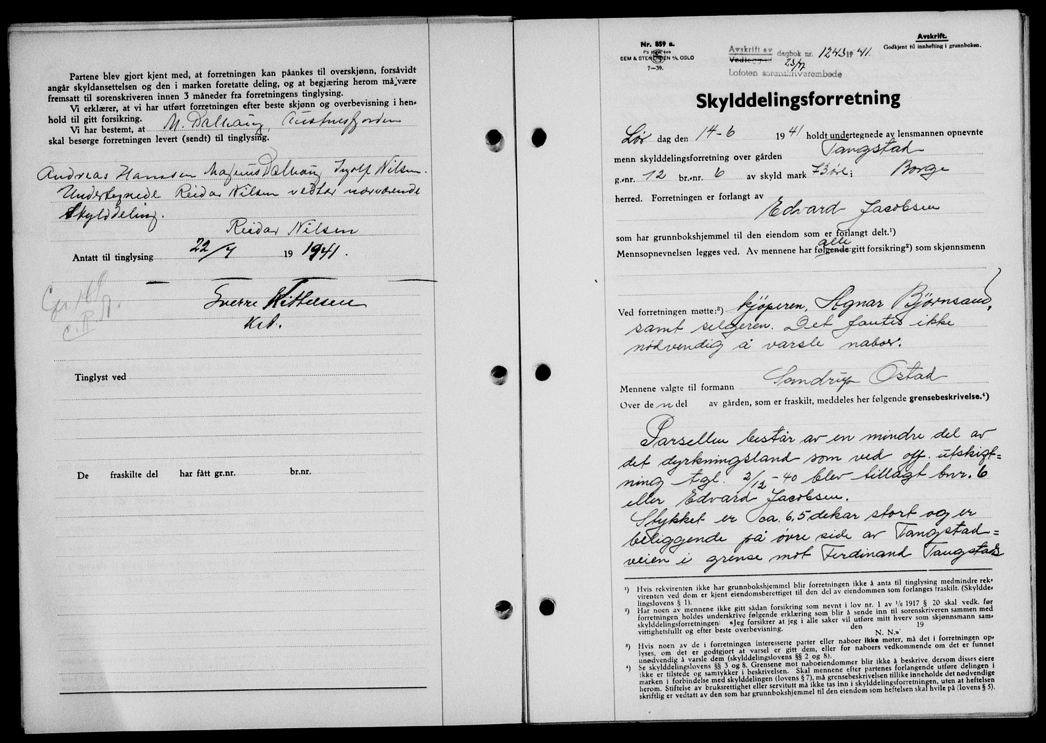 Lofoten sorenskriveri, SAT/A-0017/1/2/2C/L0008a: Mortgage book no. 8a, 1940-1941, Diary no: : 1243/1941