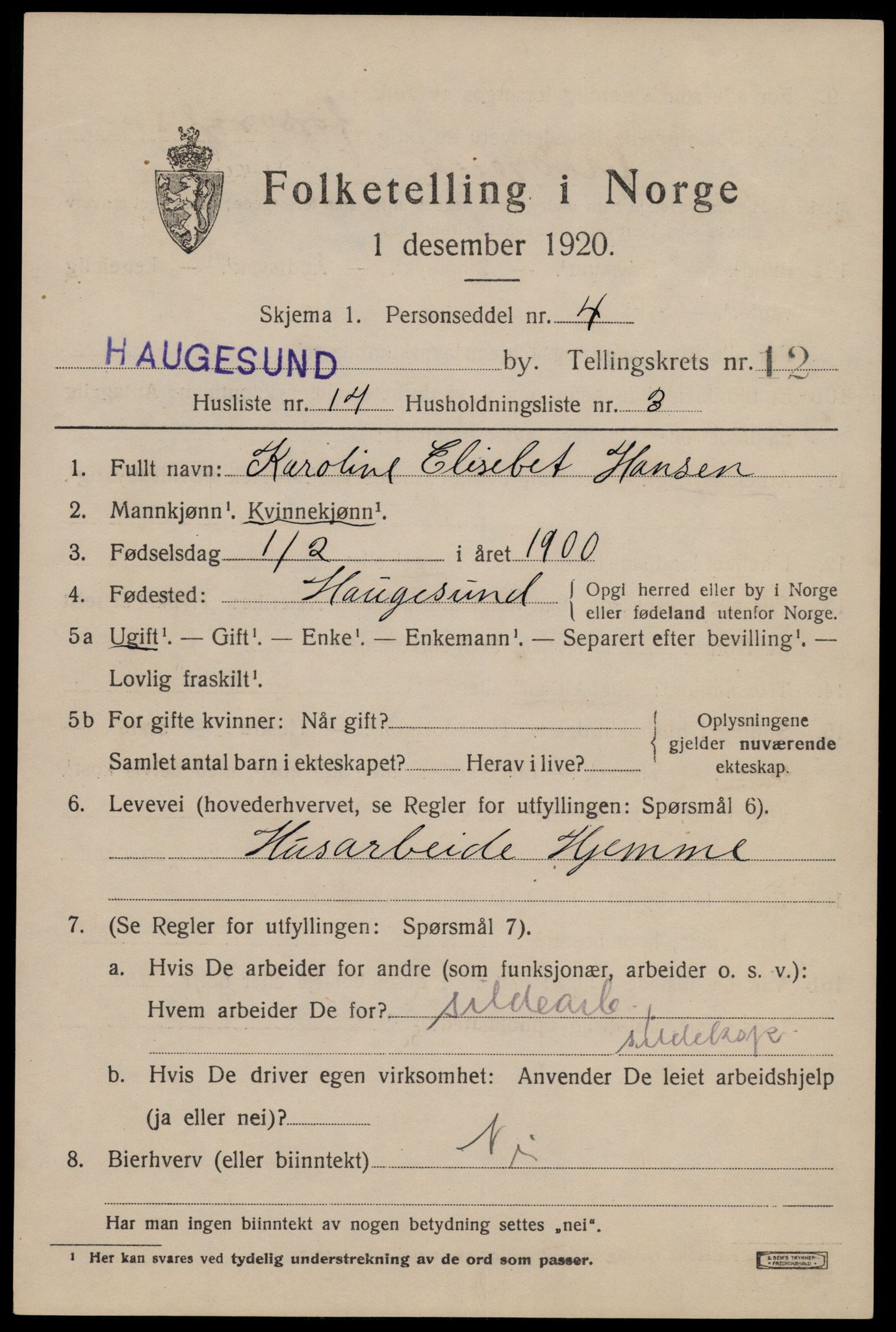 SAST, 1920 census for Haugesund, 1920, p. 38315