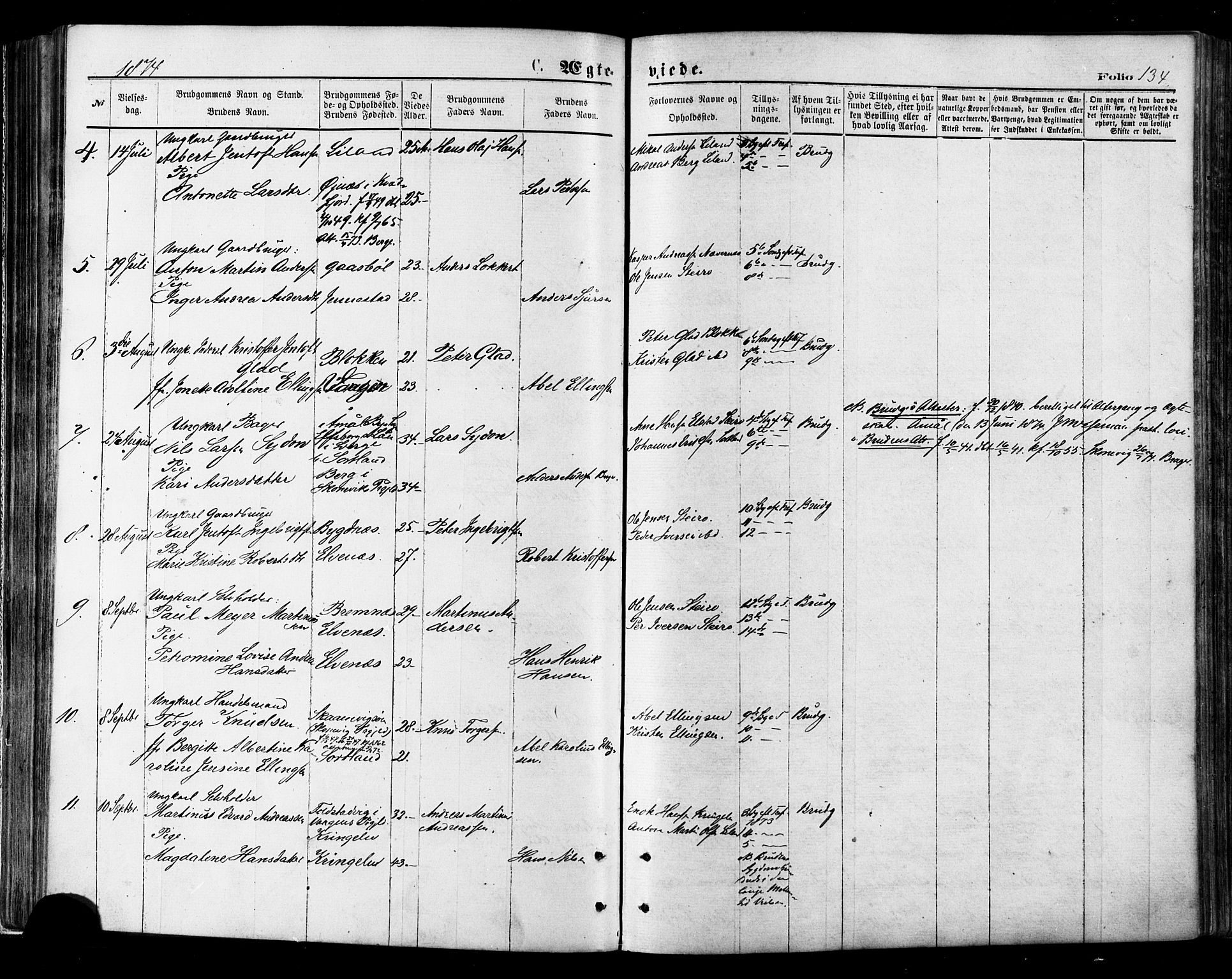 Ministerialprotokoller, klokkerbøker og fødselsregistre - Nordland, AV/SAT-A-1459/895/L1370: Parish register (official) no. 895A05, 1873-1884, p. 134