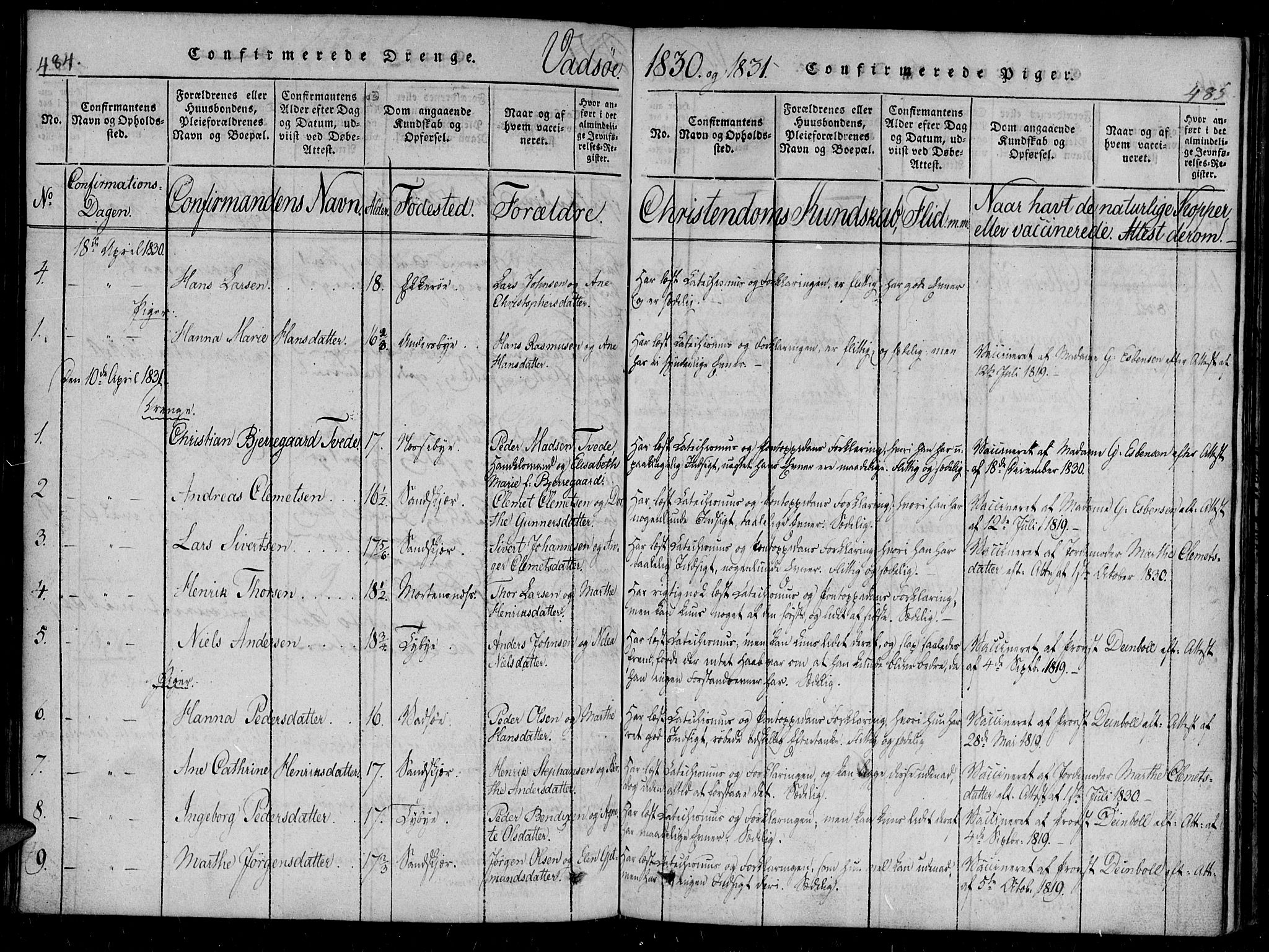 Vadsø sokneprestkontor, SATØ/S-1325/H/Ha/L0003kirke: Parish register (official) no. 3 /1, 1821-1839, p. 484-485