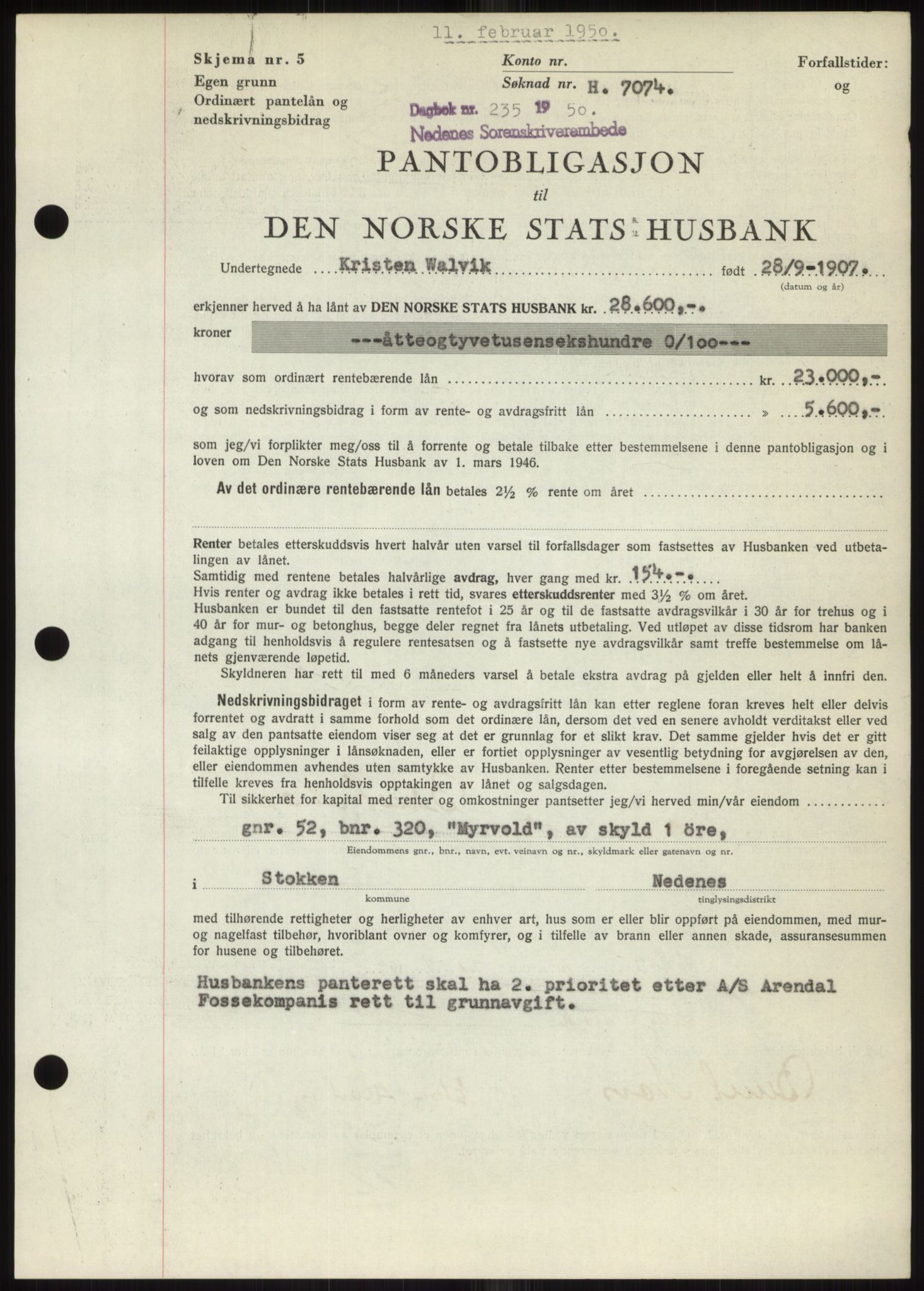 Nedenes sorenskriveri, AV/SAK-1221-0006/G/Gb/Gbb/L0007: Mortgage book no. B7, 1949-1950, Diary no: : 235/1950