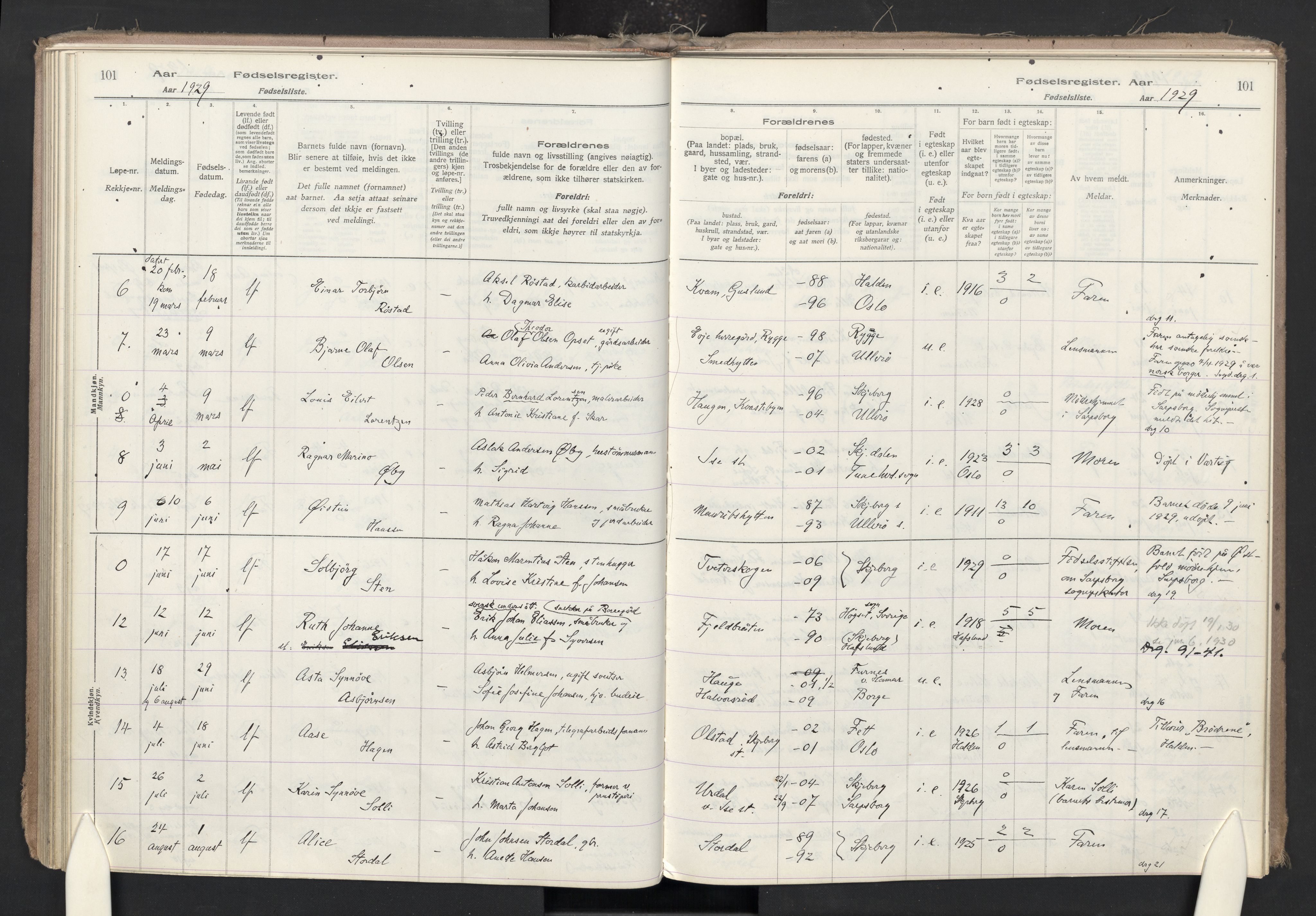 Skjeberg prestekontor Kirkebøker, AV/SAO-A-10923/J/Ja/L0001: Birth register no. I 1, 1916-1945, p. 101