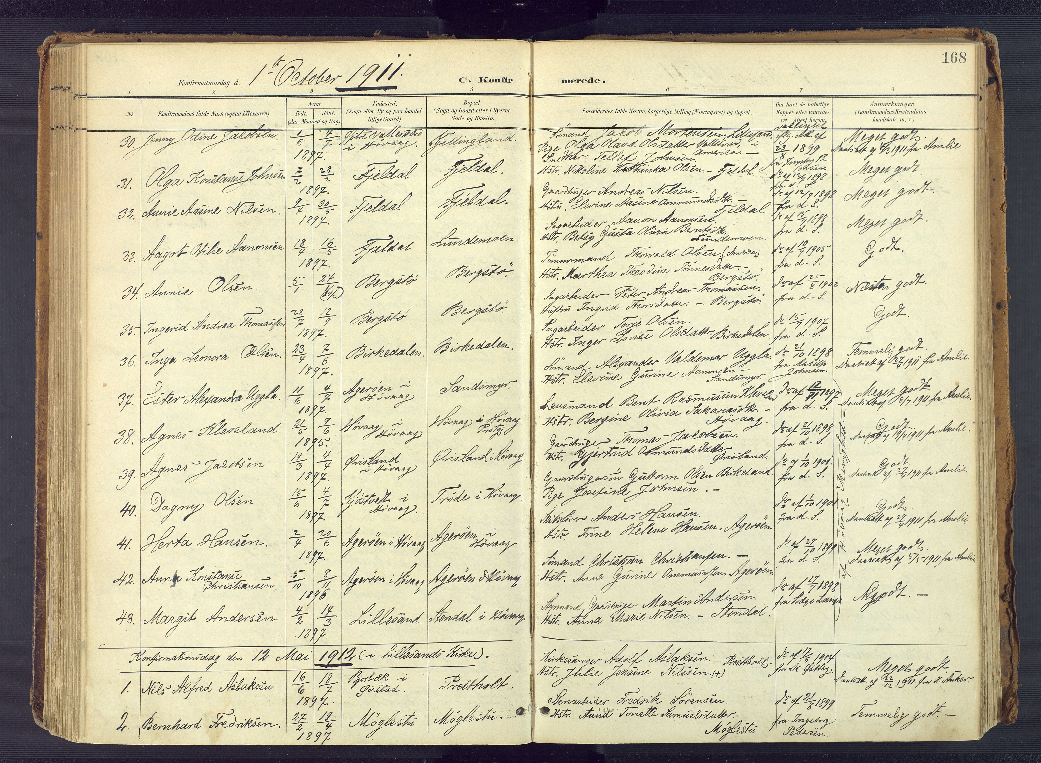 Vestre Moland sokneprestkontor, SAK/1111-0046/F/Fa/Fab/L0010: Parish register (official) no. A 10, 1900-1926, p. 168