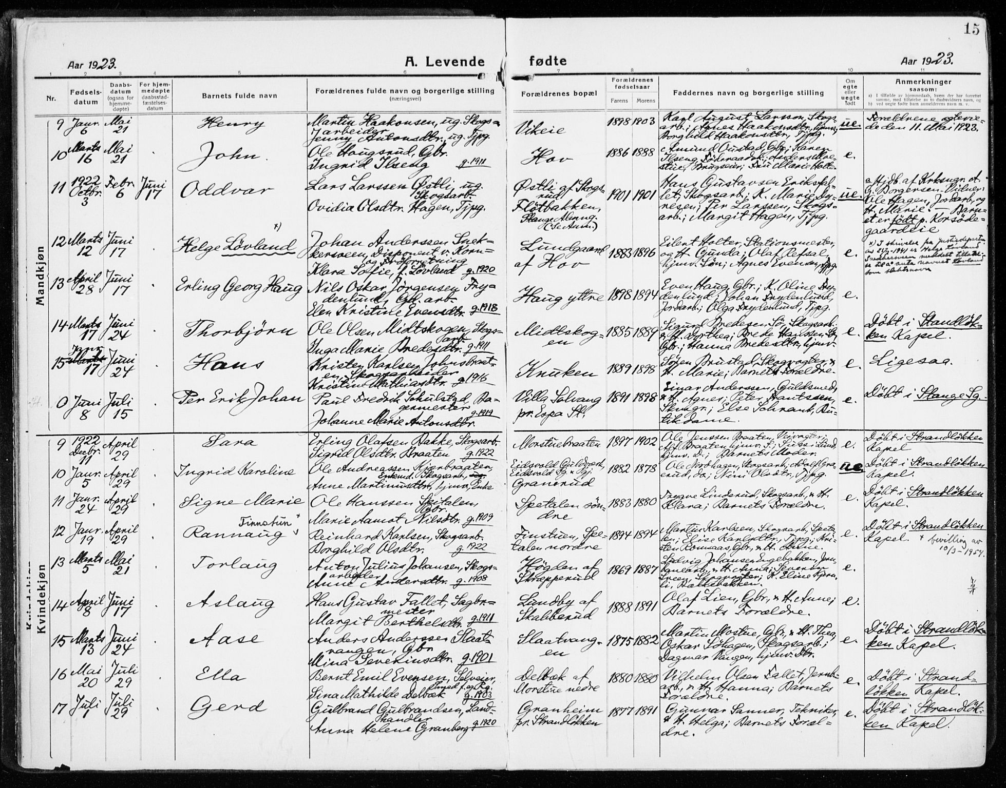 Stange prestekontor, SAH/PREST-002/K/L0025: Parish register (official) no. 25, 1921-1945, p. 15