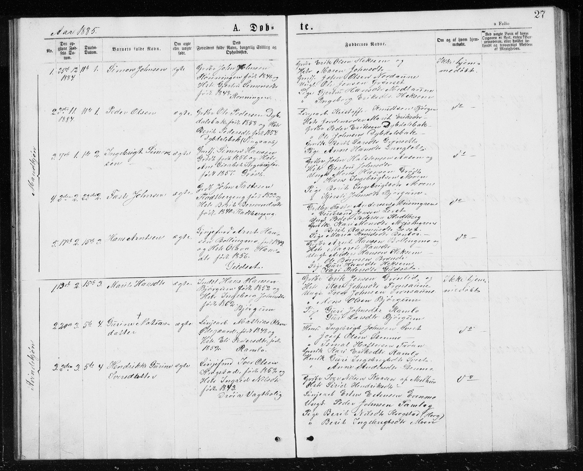 Ministerialprotokoller, klokkerbøker og fødselsregistre - Sør-Trøndelag, SAT/A-1456/685/L0977: Parish register (copy) no. 685C02, 1879-1890, p. 27